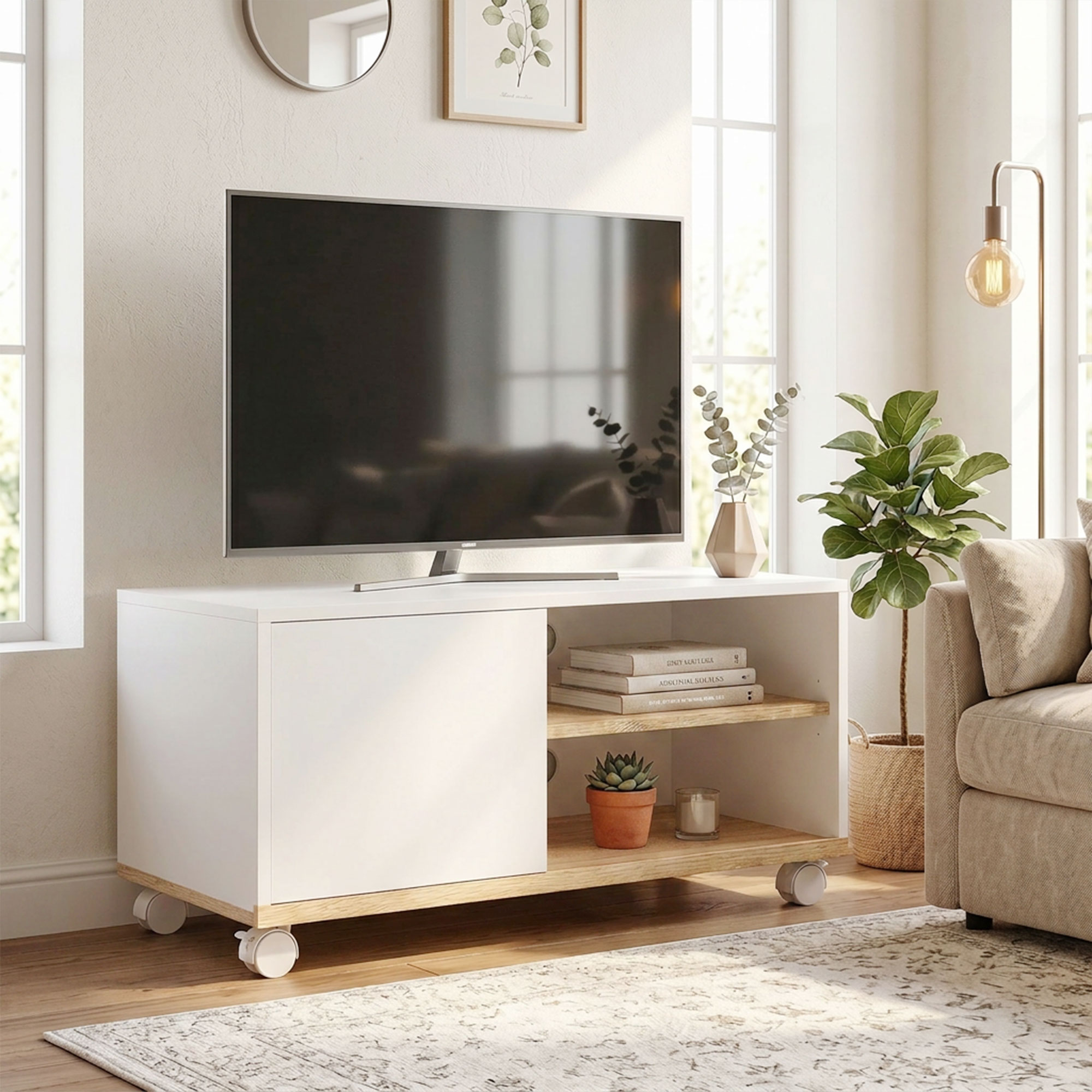 TV-Board auf Rollen mit Bremsen, TV-Möbel mit Schrank und verstellbarer Ablage, Weiß und Eiche