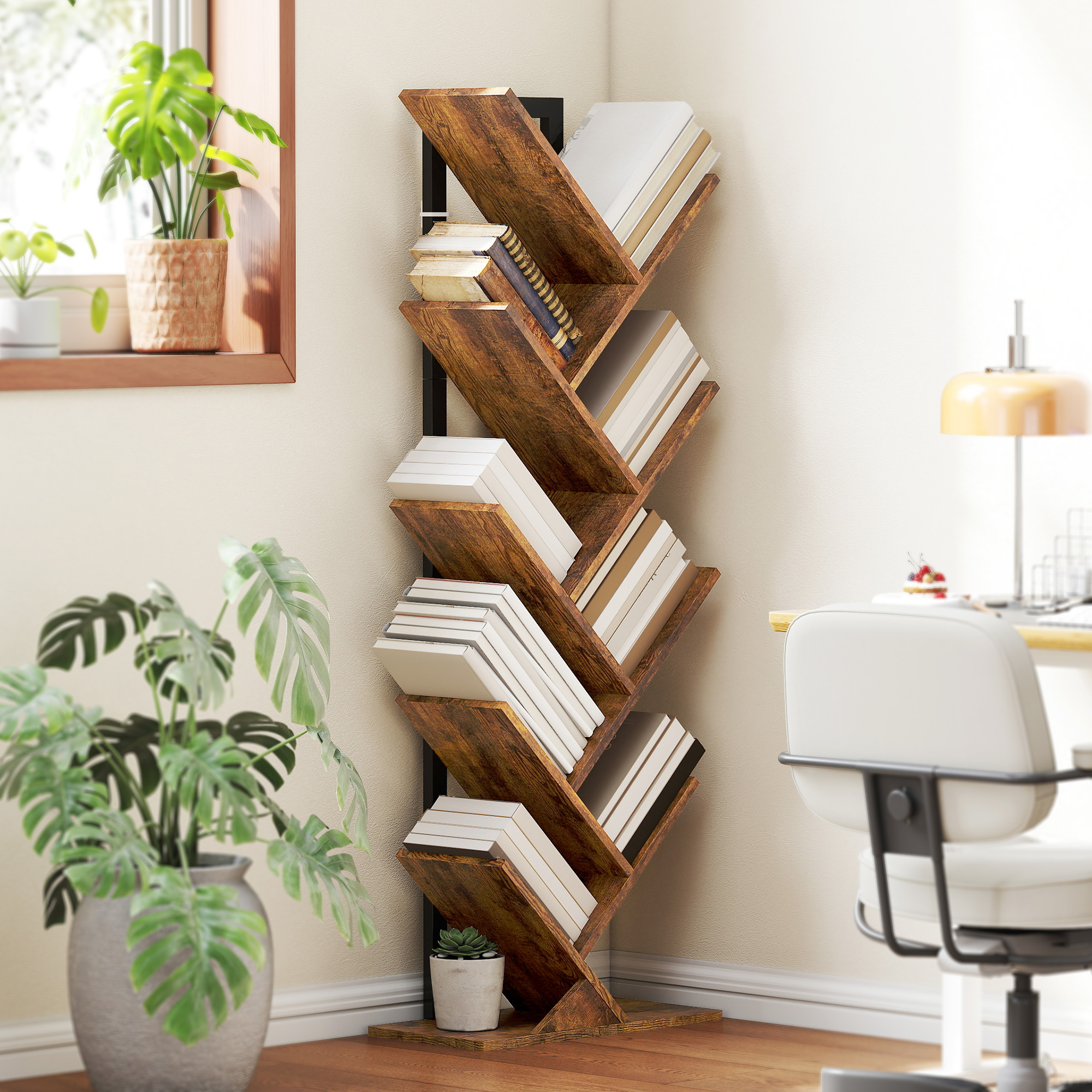 Bücherregal Standregal mit 9 Ebenen Schmal Regal im Baumform für Büro, Rustikal Braun