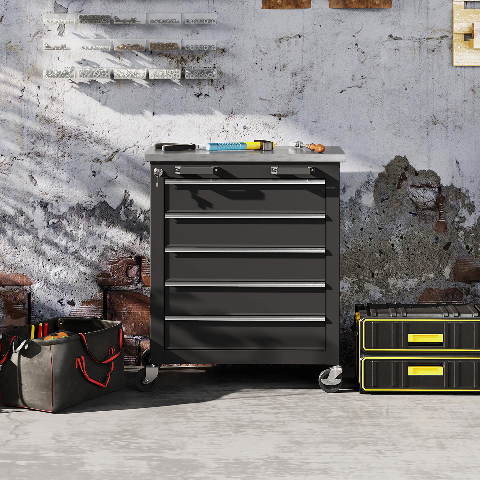 Werkzeugschrank mit 5 Schubladen, rollbare Werkzeugkiste, Werkzeugwagen aus Stahl, Silberton+Schwarz
