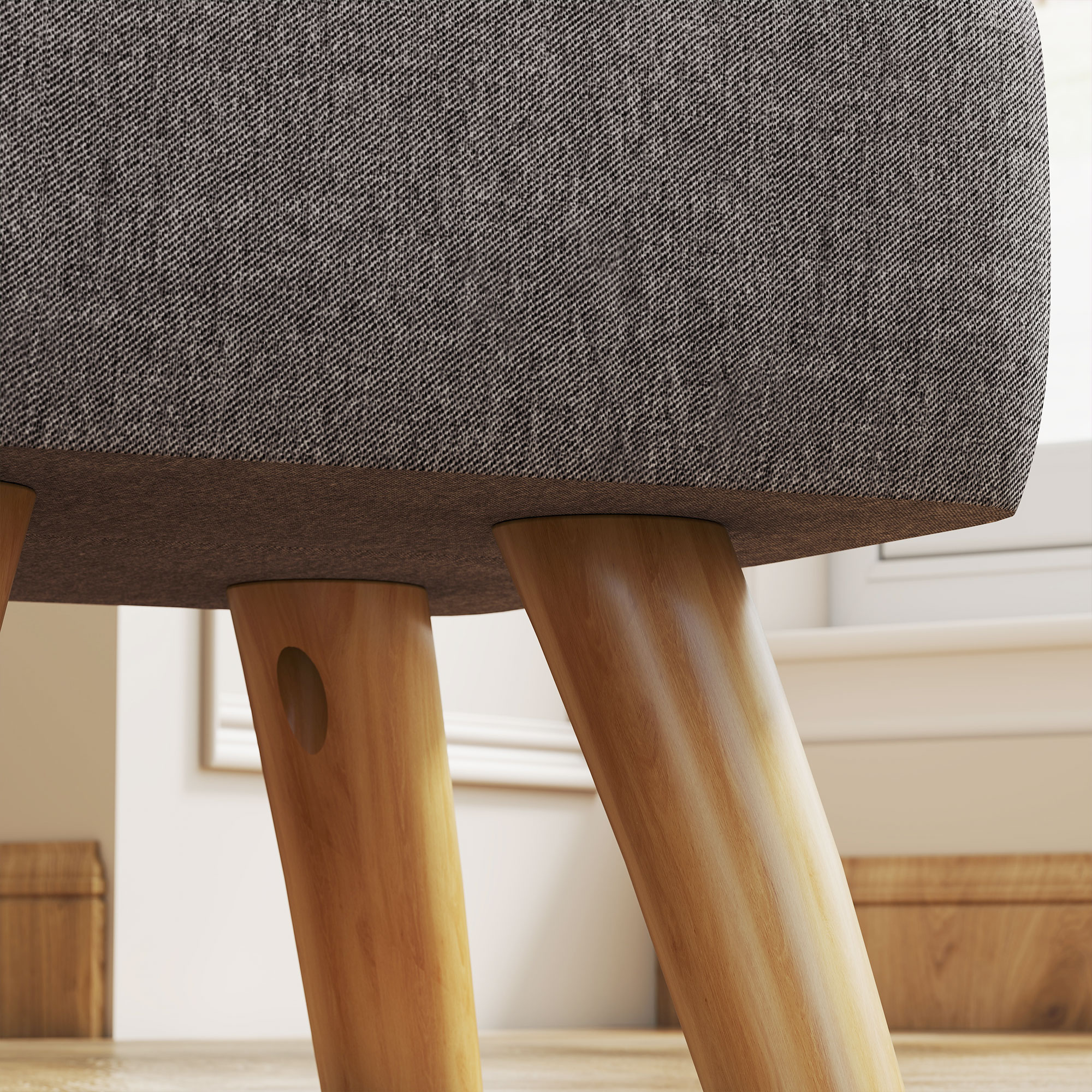 Fußhocker mit Polsterung, Leinenoptik, Holzbeine, bis 110 kg belastbar, Grau