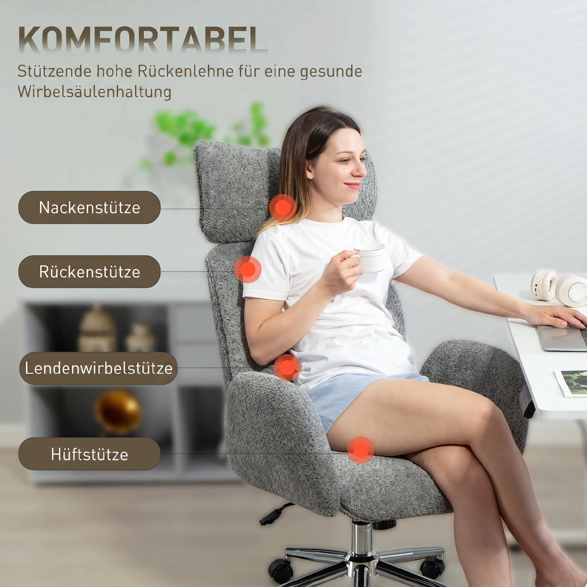 Bürostuhl mit verstellbarer Kopfstütze, ergonomischer Schreibtischstuhl, Kippfunktion, höhenverstellbar, Dunkelgrau