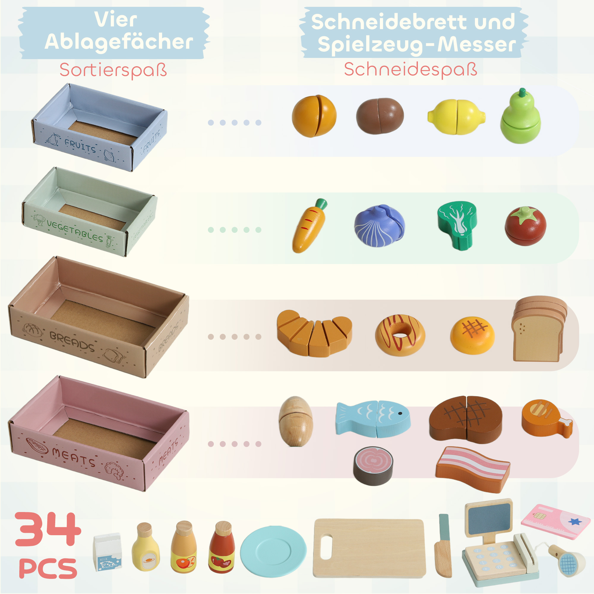 Kaufladen für Kinder Kaufladen Supermarkt mit Kasse Scanner Tafel 34 Spielzubehör Grün