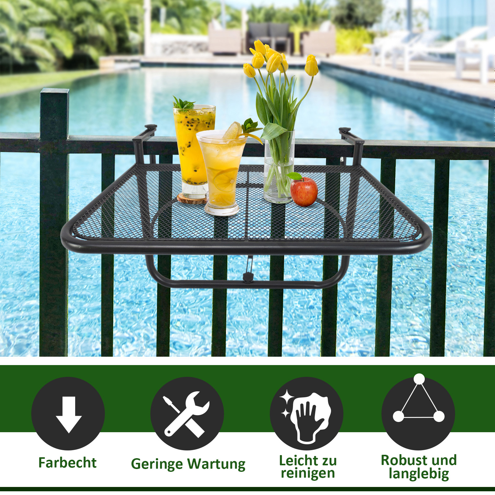 Balkonhängetisch Gartentisch höhenverstellbar viereckig Terrasse Metall Schwarz L60 x B56,5 x H45 cm