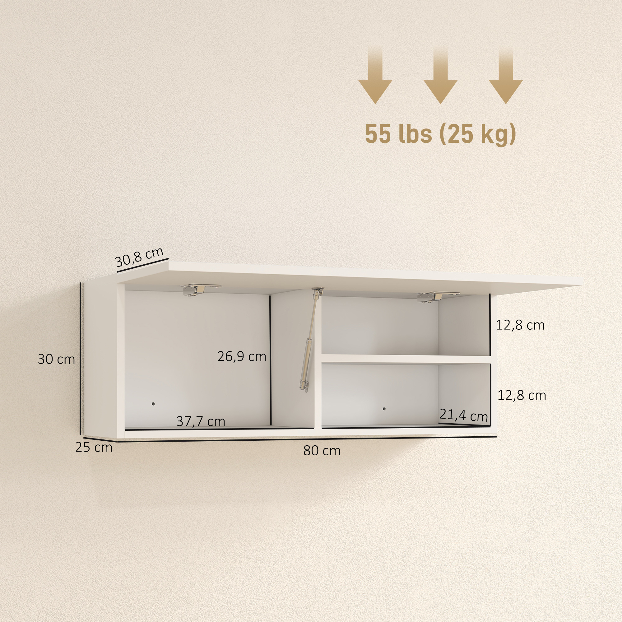 Badezimmerschrank Hängeschrank Wandschrank mit nach oben klappbarer Tür, Gasdruckfeder Einlegeboden 80 x 25 x 30 cm Weiß