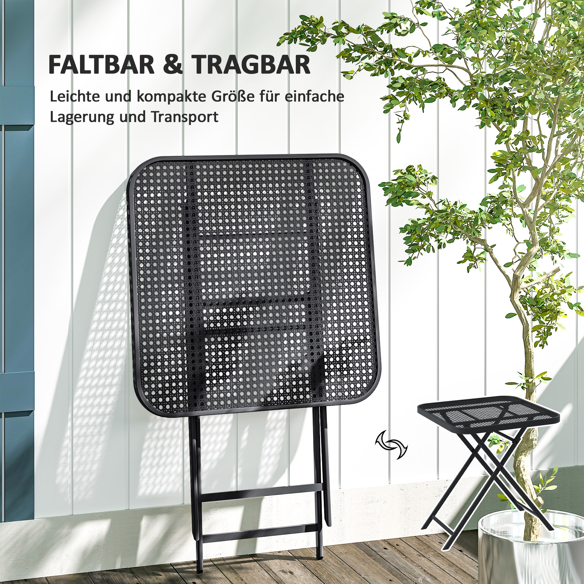 Gartentisch klappbar 70 x70 cm, Wetterfest Balkontisch Klapptisch mit Ausschnitt-Design quadrarisch Schwarz