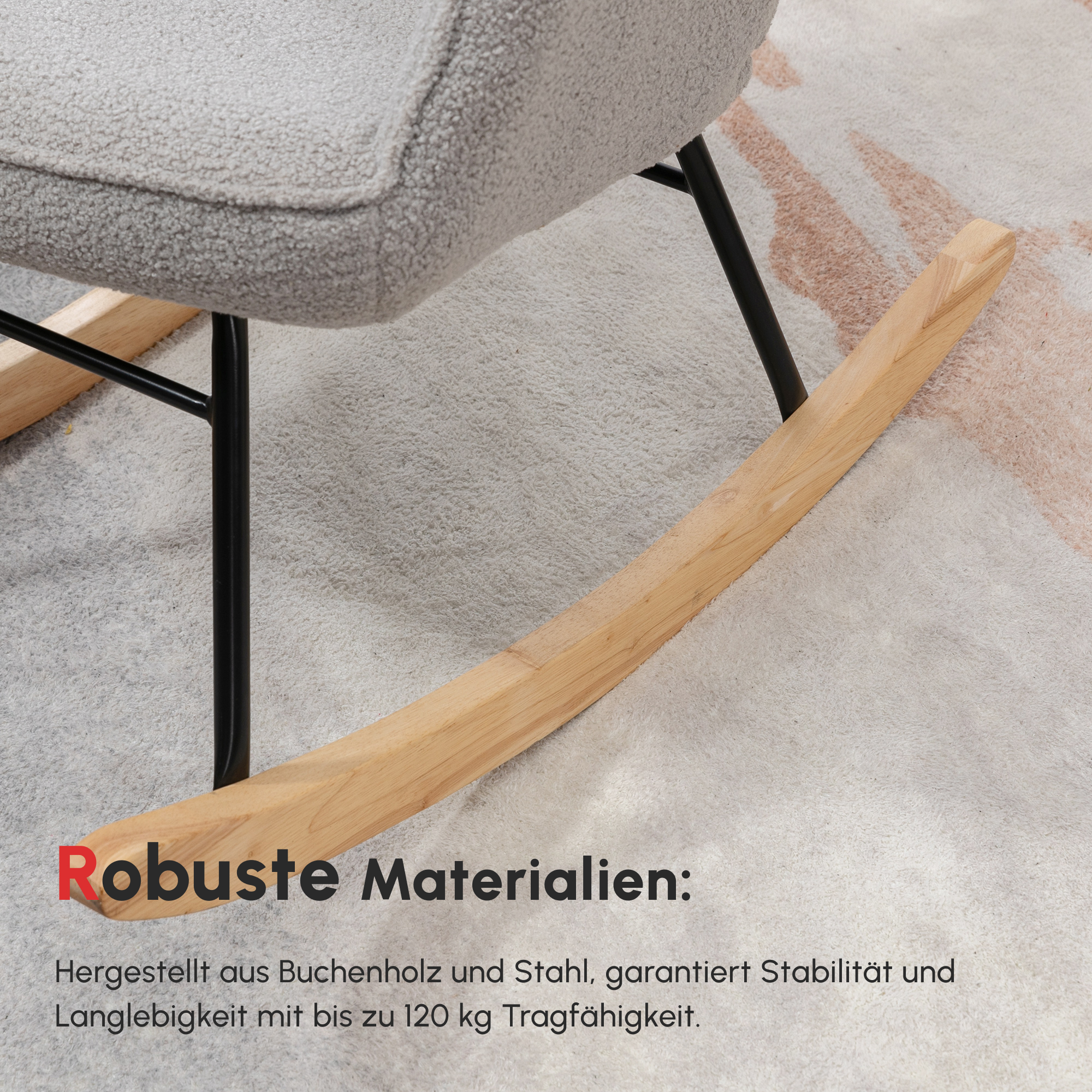 Schaukelstuhl im Retro-Design, Massivholz, Schwingsessel, 71 cm x  92 cm x 101 cm, Hellgrau