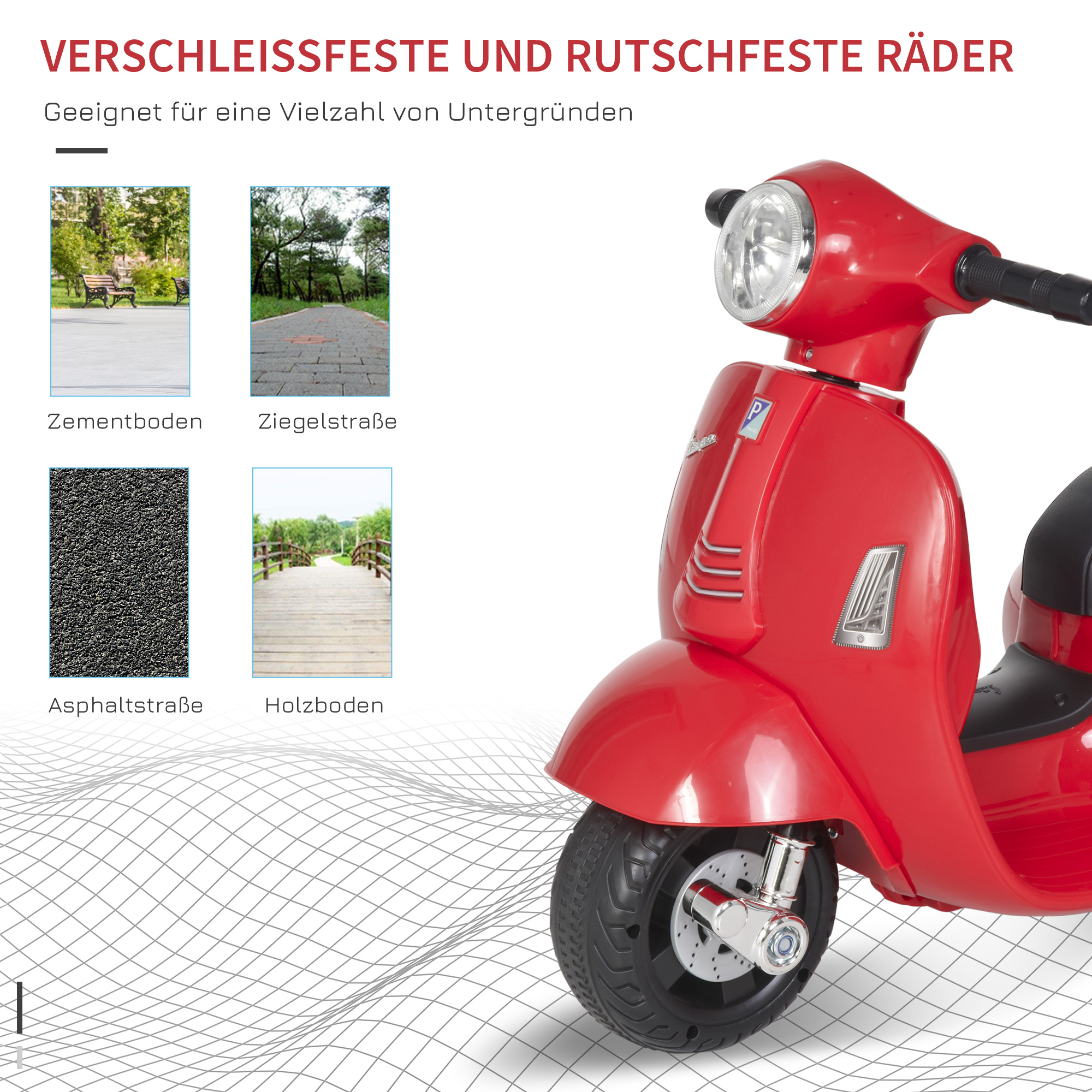 Elektro Kindermotorrad Vespa Elektromotorrad mit LED-Licht, Sound, Kinder Elektro Motorrad für Kinder von 18-36 Monate Rot