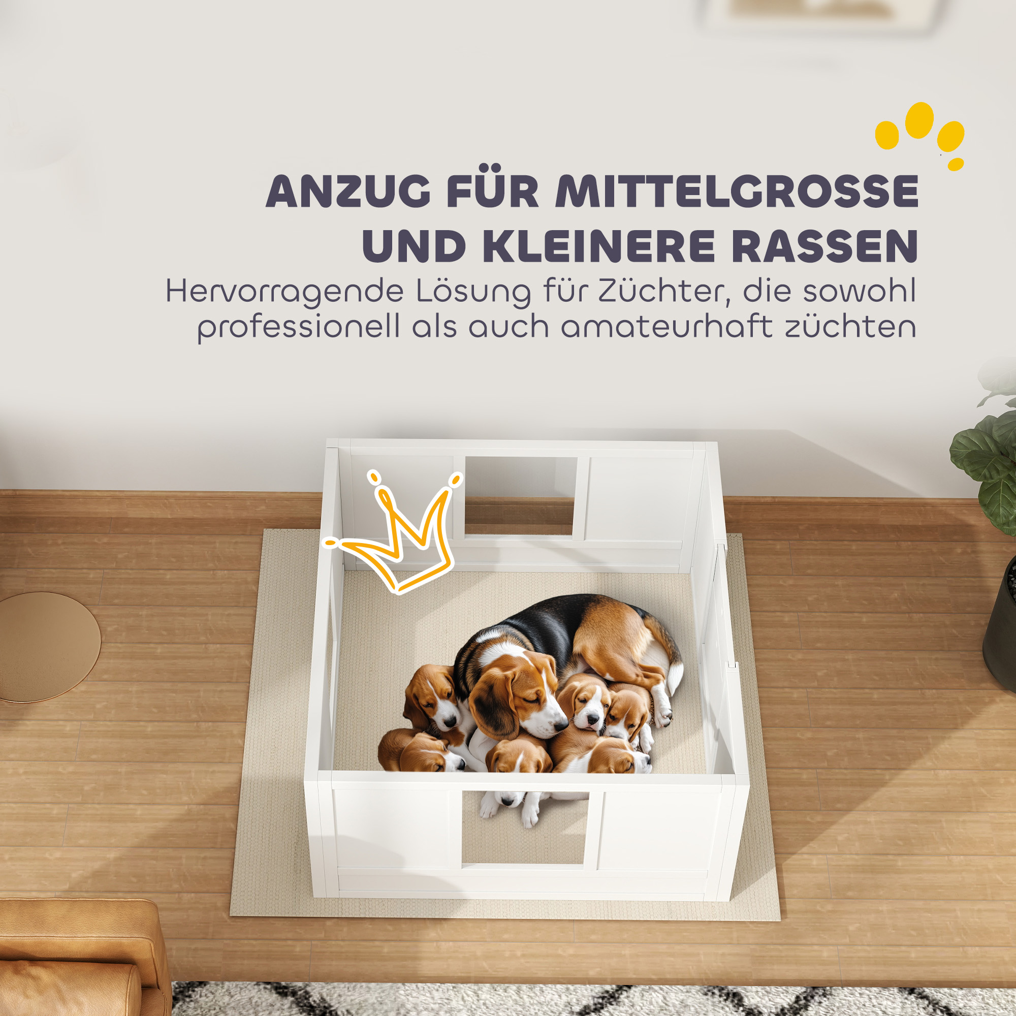 Welpenbox für kleine und mittelgroße Hunde, Hunde-Wurfbox mit anpassbarem Eingang, rutschfesten Fußpads, Weiß