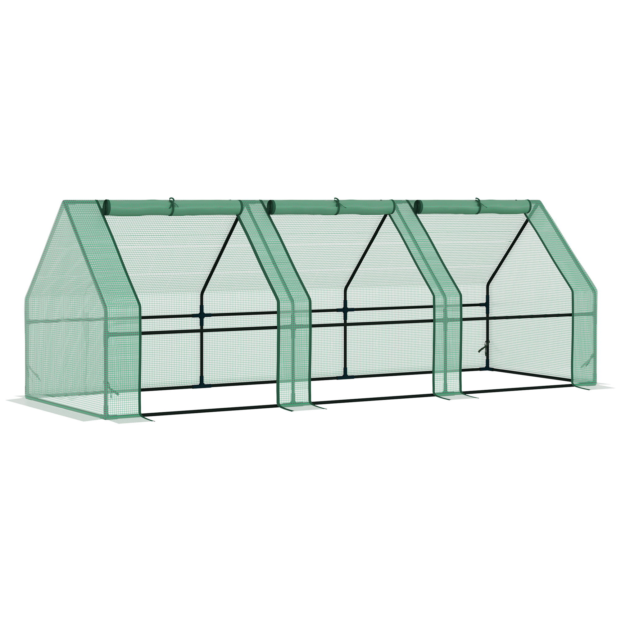 Gewächshaus mit 3 Rollfenster, PE-Gitterfolie, Foliengewächshaus aus Stahl, Treibhaus für Balkon, Garten, Tomatenhaus 270x90x90cm, Tomatengewächshaus für Gemüse, Blumen, Pflanzen, Grün