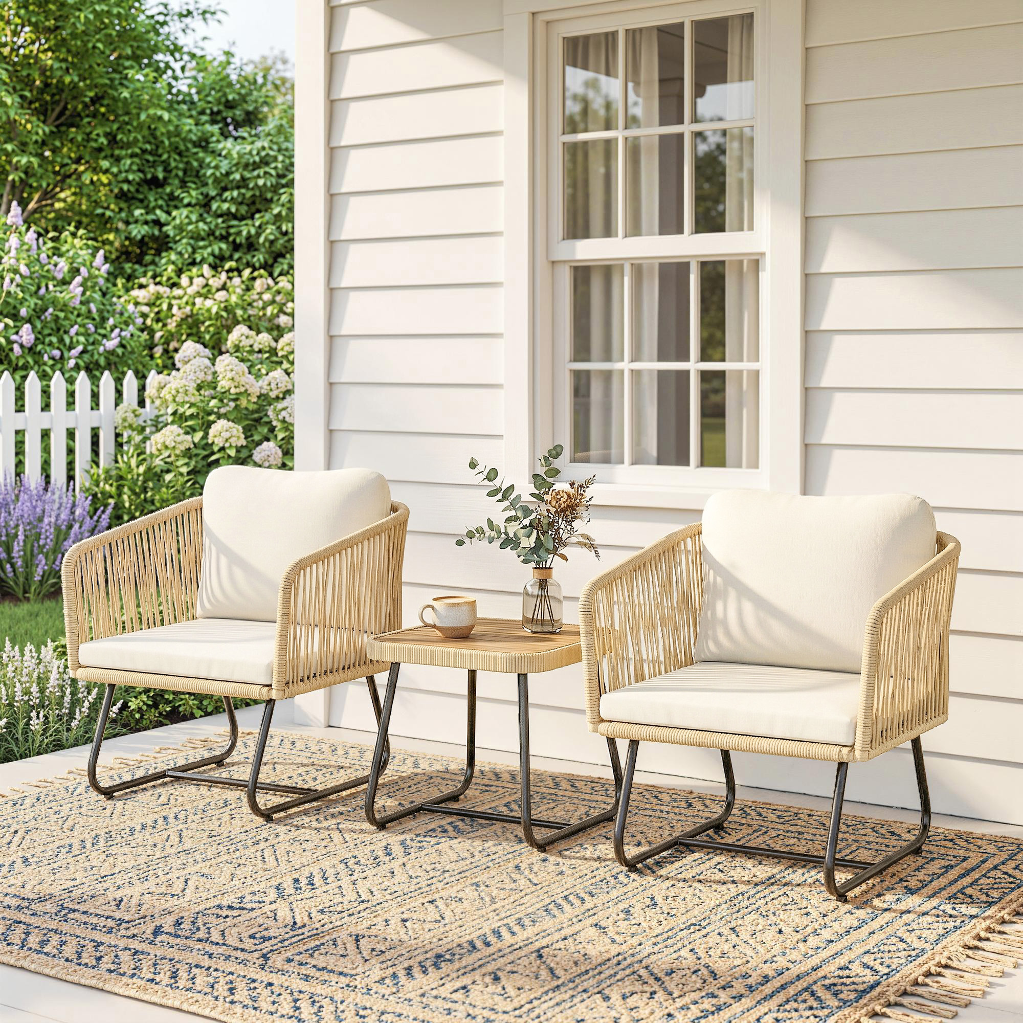 Rattan Bistroset 3 teiliges FSC Gartenmöbel-Set mit 2 Sessel, Lamell-Holztisch, dicke waschbare Kissen Stahlrahmen