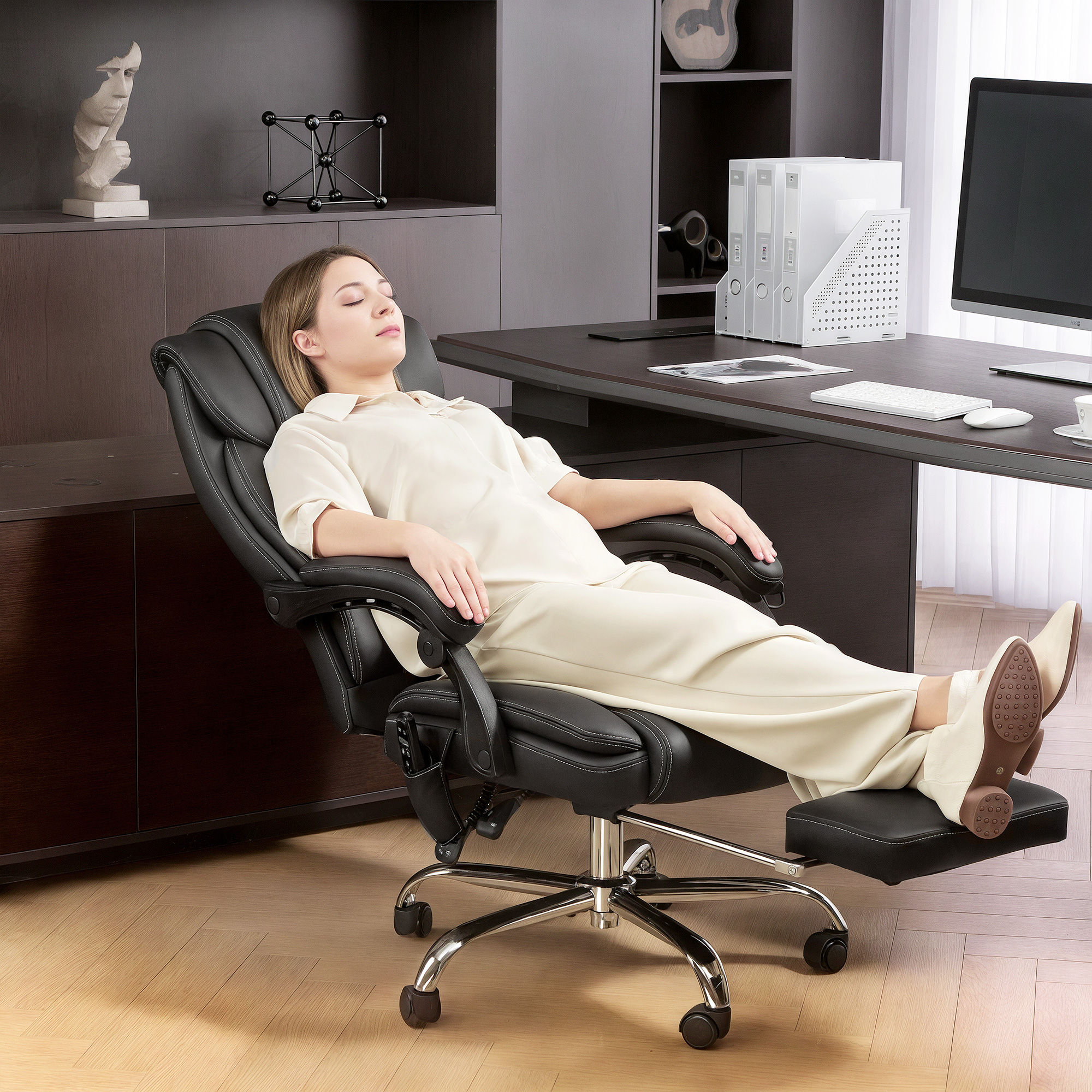 Bürostuhl Ergonomisch mit Massagefunktion Schreibtischstuhl mit Fußstütze, Kunstleder Schwarz