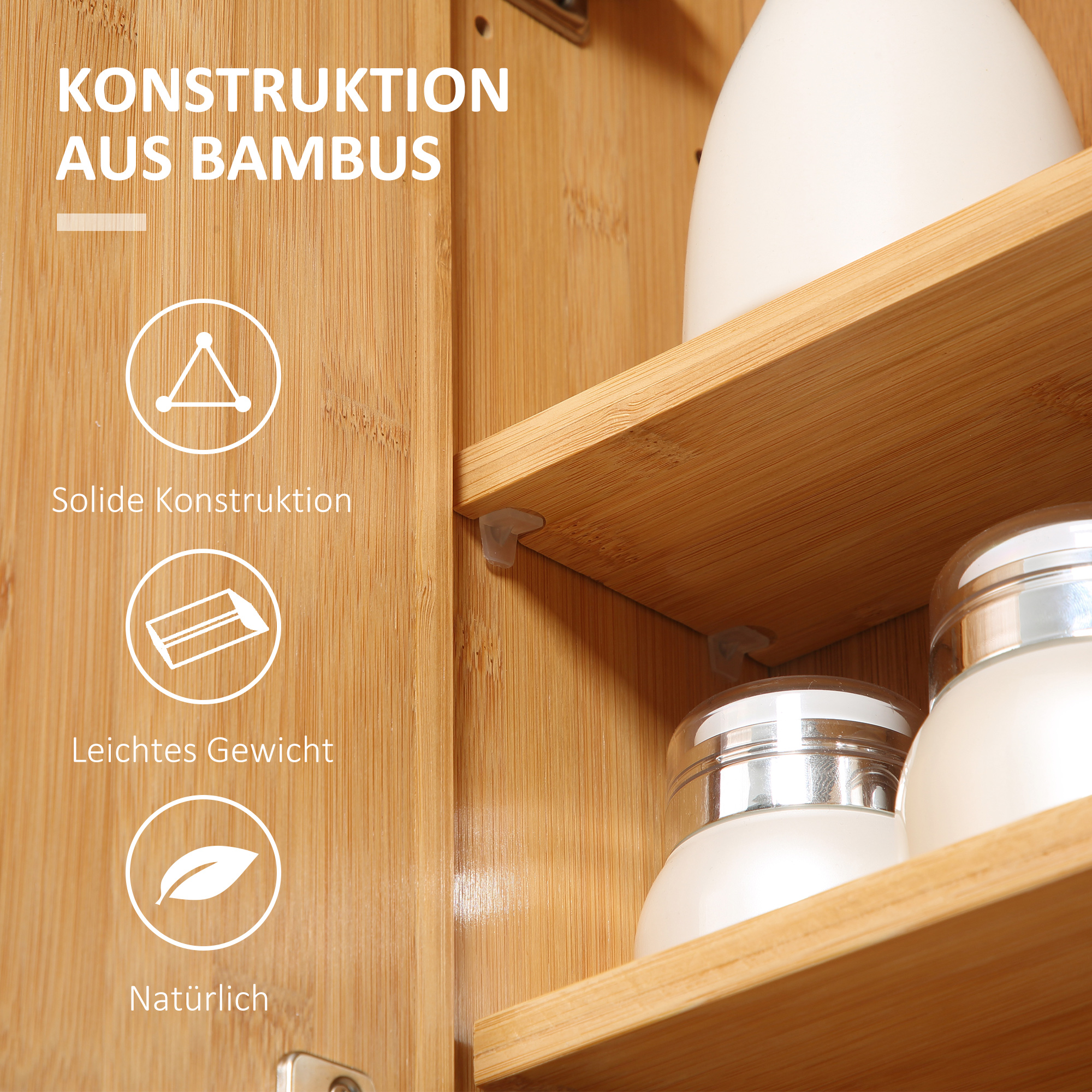 Badschrank mit Spiegeltüren, mehrere Innenfächer, robustes Gehäuse aus Bambusholz, 65,2 x 14 x 50 cm