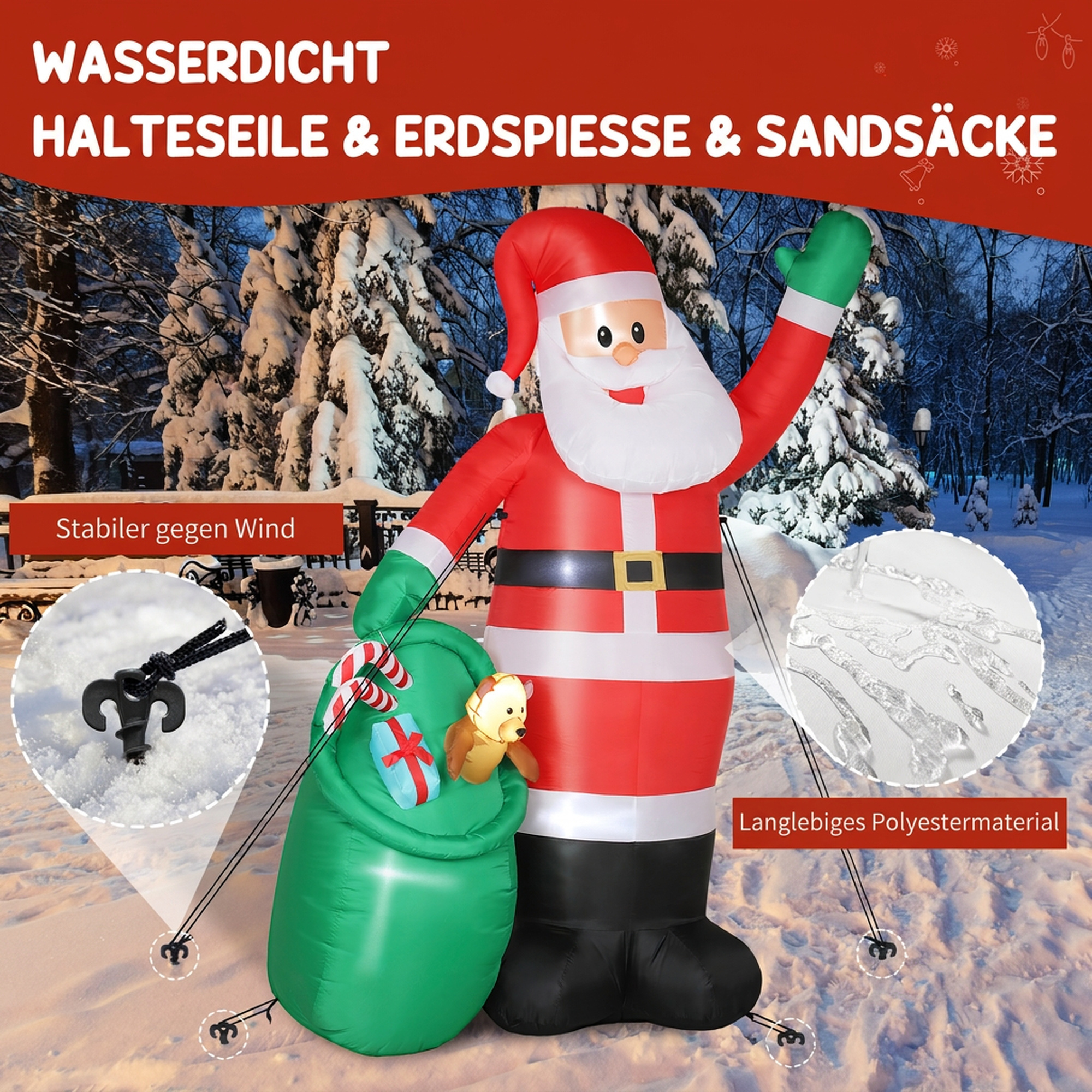 aufblasbarer Weihnachtsmann, 275 cm, mit Sack und Bär, Weihnachtsdeko mit integrierten LED-Lichtern