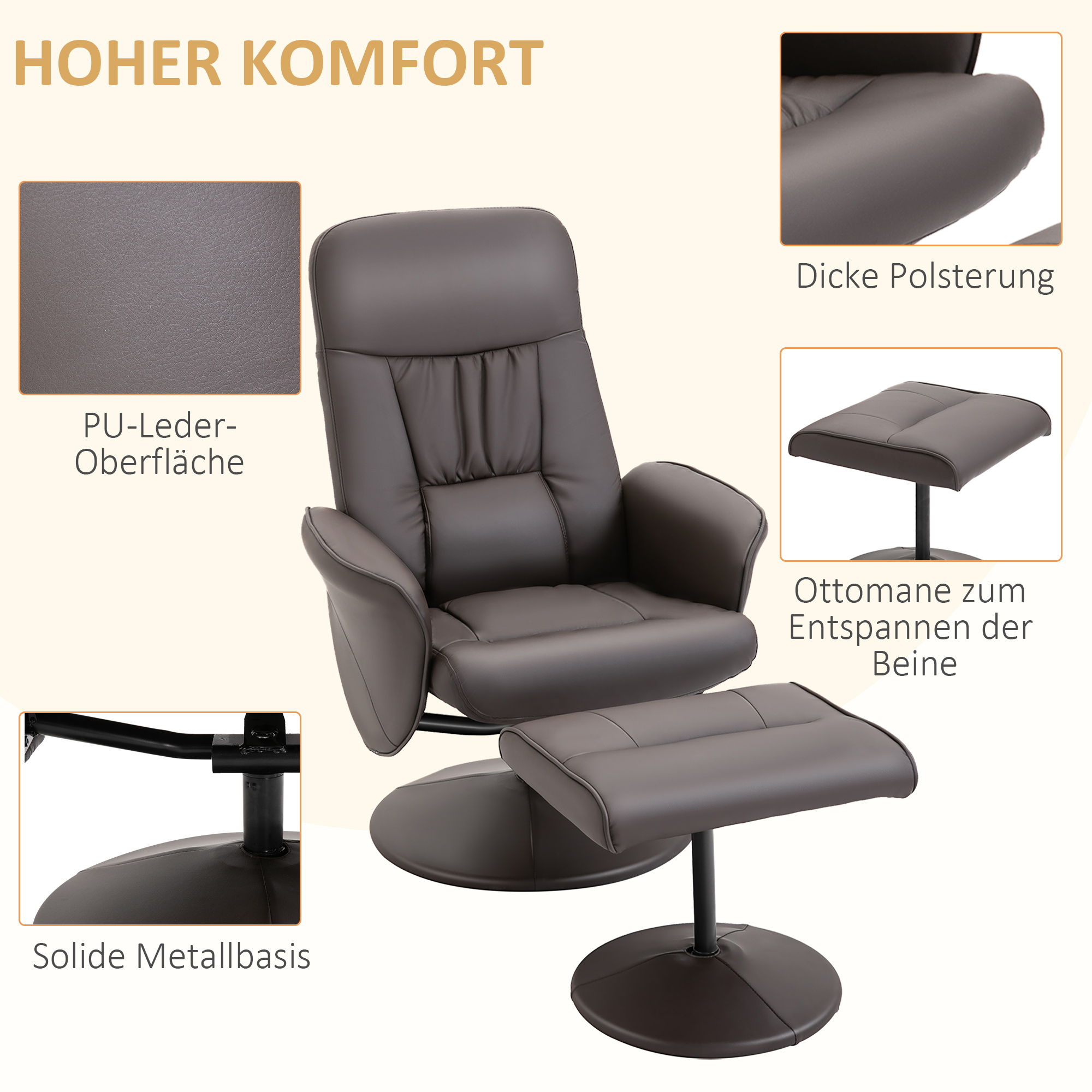 2-teiliges Sessel-Set, Sessel mit Fußhocker, Relaxsessel mit Fußhocker, höhenverstellbar, neigbare Rückenlehne, Braun