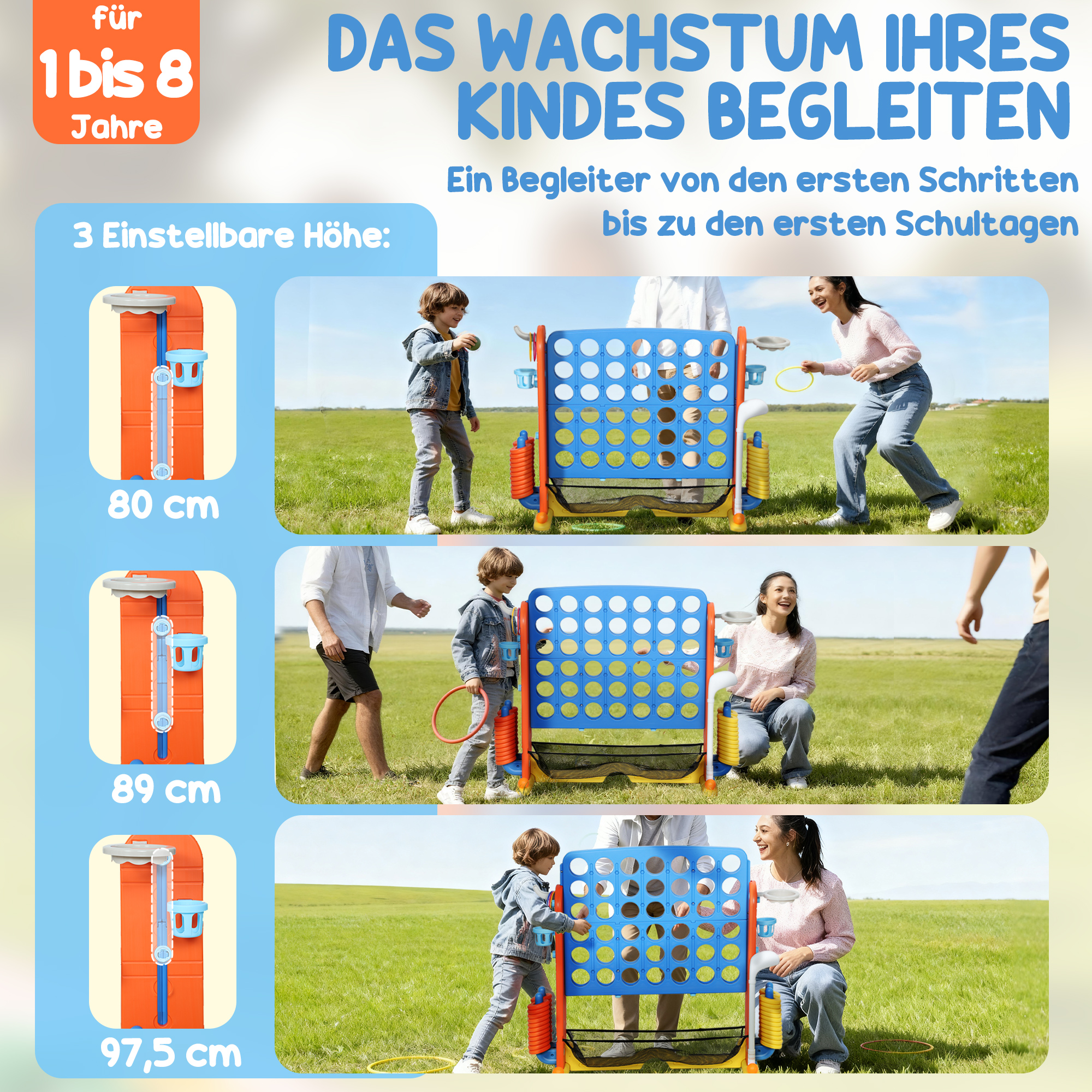 4-in-1 Spiele-Set, Vier Gewinnt, höhenverstellbar, Netz-Tasche, Kunststoff, Bunt