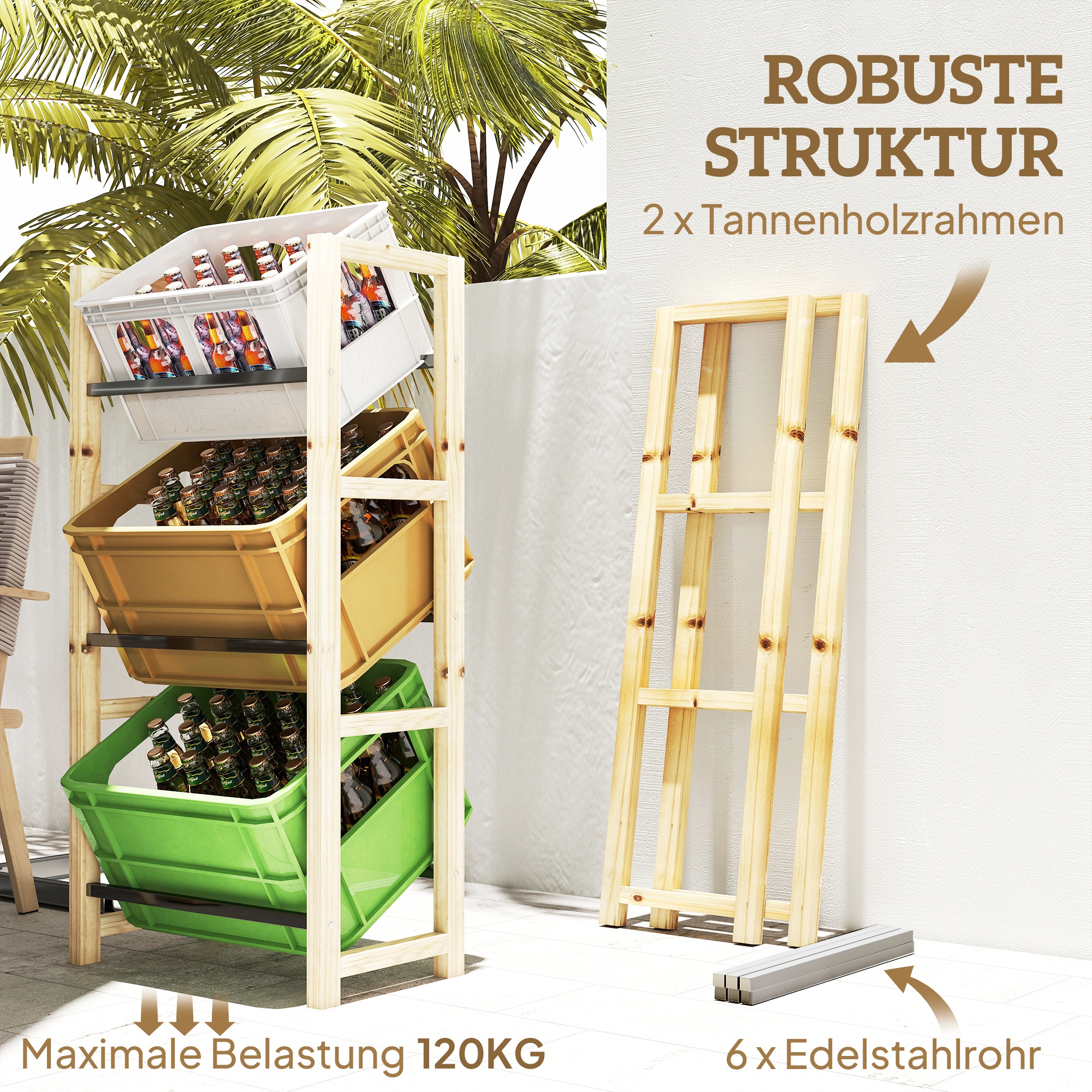 Getränkekistenregal für 3 Getränkekisten Getränkeregal Holz Kistenregal mit 3 Ebenen 56 x 32 x 112 cm Naturholz