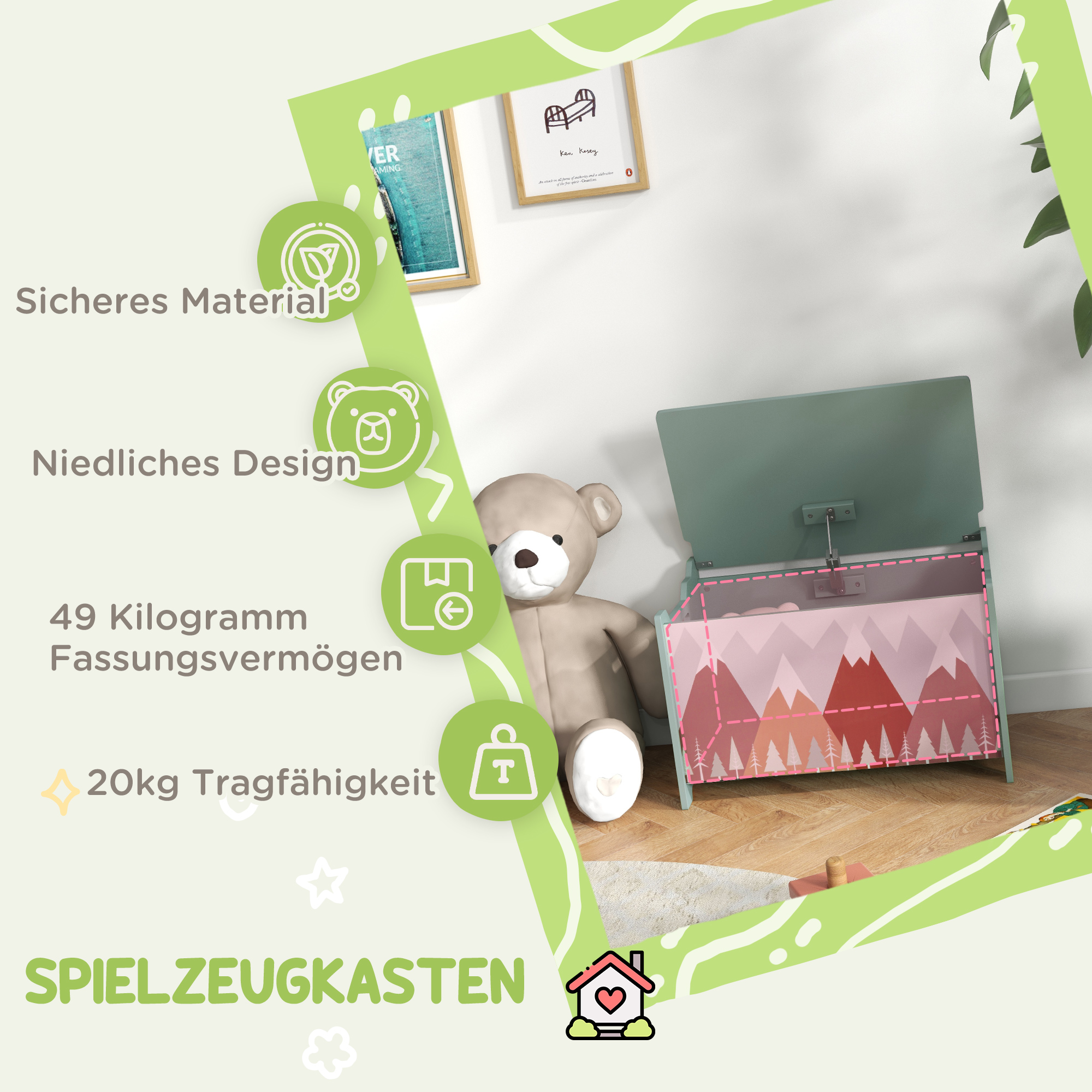 Aufbewahrungskiste, Spielzeugtruhe, Klappdeckel, niedliches Motiv, Grün