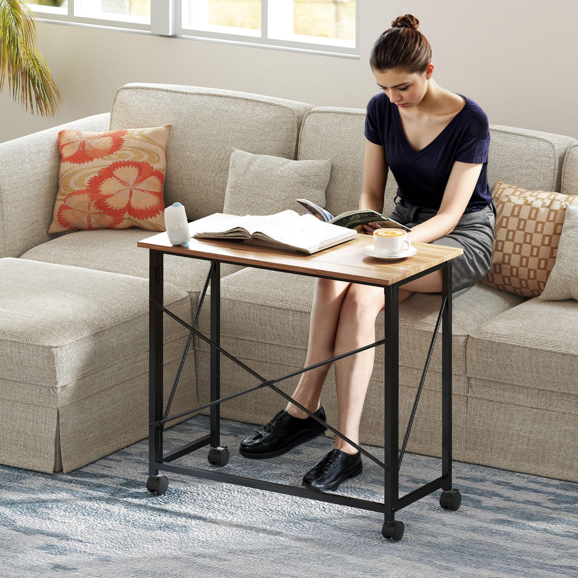 Klappbarer Schreibtisch mit Rädern, platzsparend, Stahl, MDF, Eiche