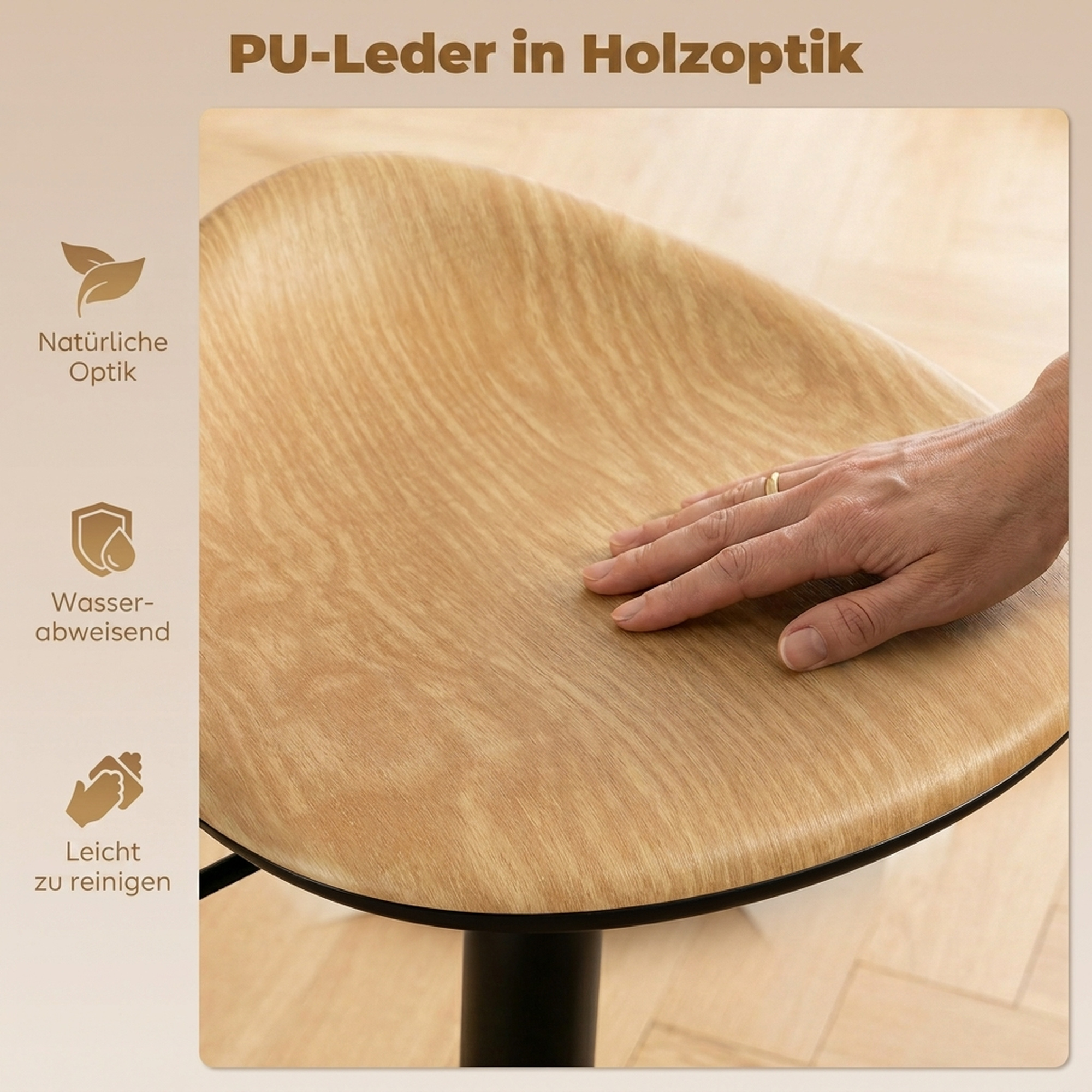 Barhocker 2er Set Drehbar Barstuhl mit Fußstütze Höhenverstellbar Tresenhocker mit Holzoptik, für Küche, Eiche