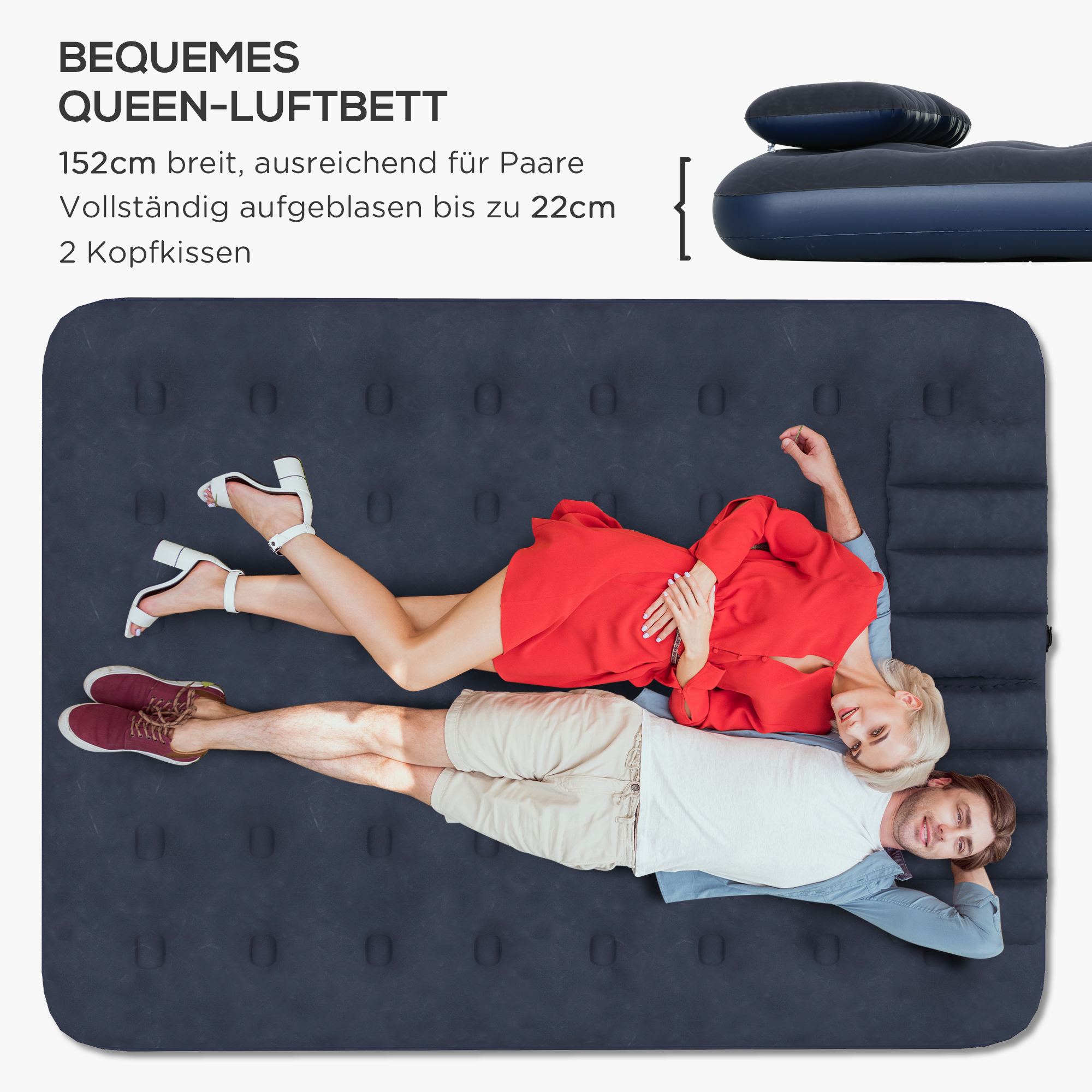 Luftmatratze für 2 Personen, mit Handpumpe, weich & robust, 203x152x22cm, Blau