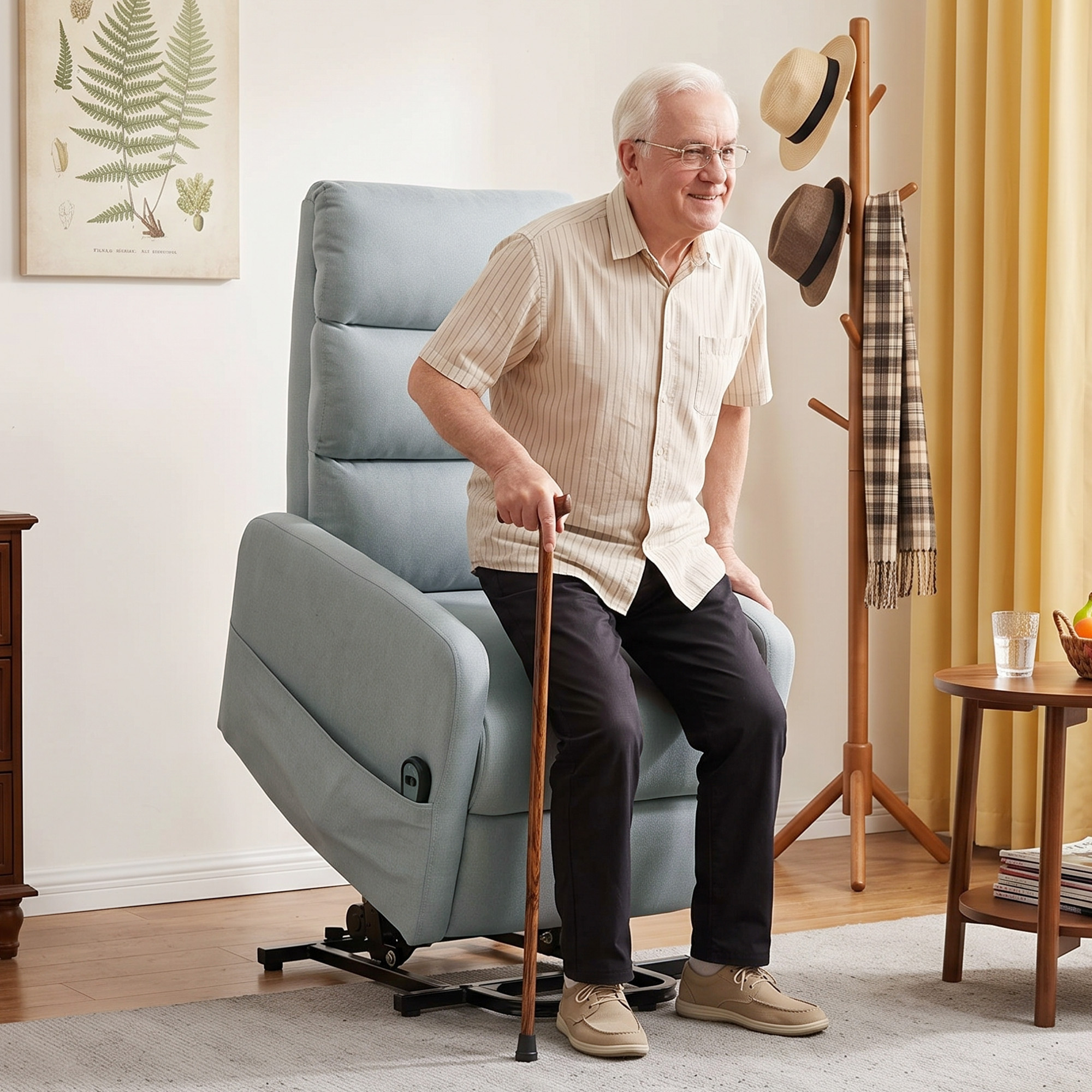 elektrischer Relaxsessel mit Aufstehhilfe, Fernbedienung, weicher Schaumstoff, Seitentasche, Bezug in Leinenoptik, Grau