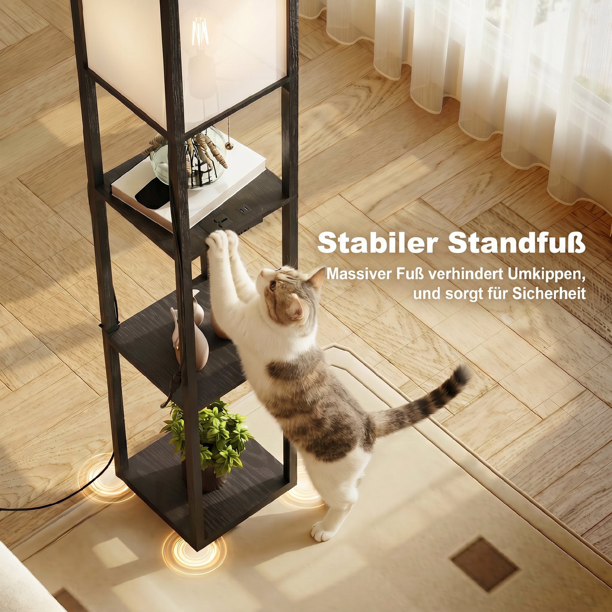 LED Stehlampe mit Ablagen, dimmbar, Kettenschalter & Steckdosen, schwarz