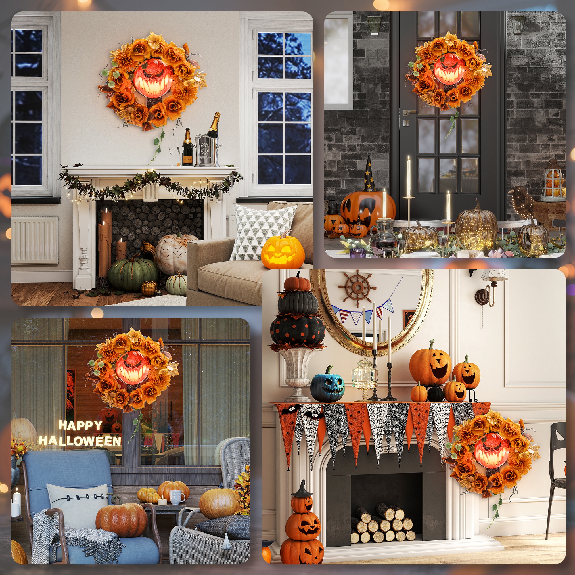 Halloween-Kranz, Grusel-Kürbis-Design, Herbstblätter, Lichteffekte, Kunststoff Halloween-Kranz, Grusel-Kürbis-Design, Herbstblätter, Lichteffekte, Kunststoff