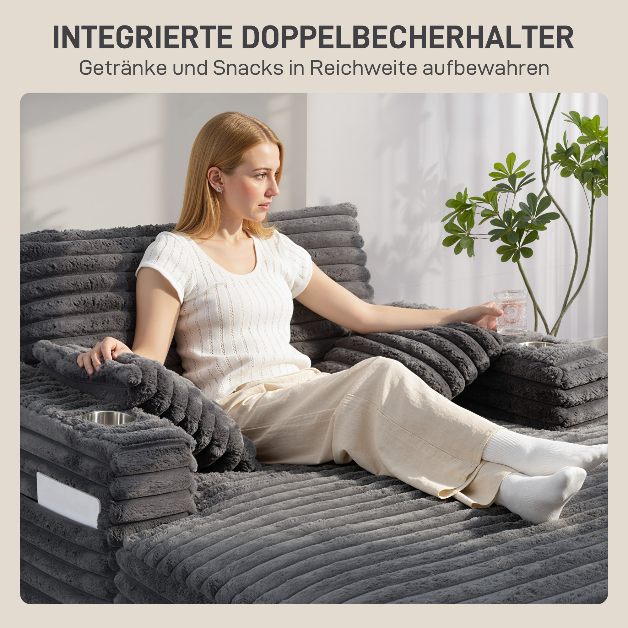 Chaiselongue 2 Sitzer Groß Schlafsofa 134 x 151 cm mit Becherhalter für Wohnzimmer, Grau