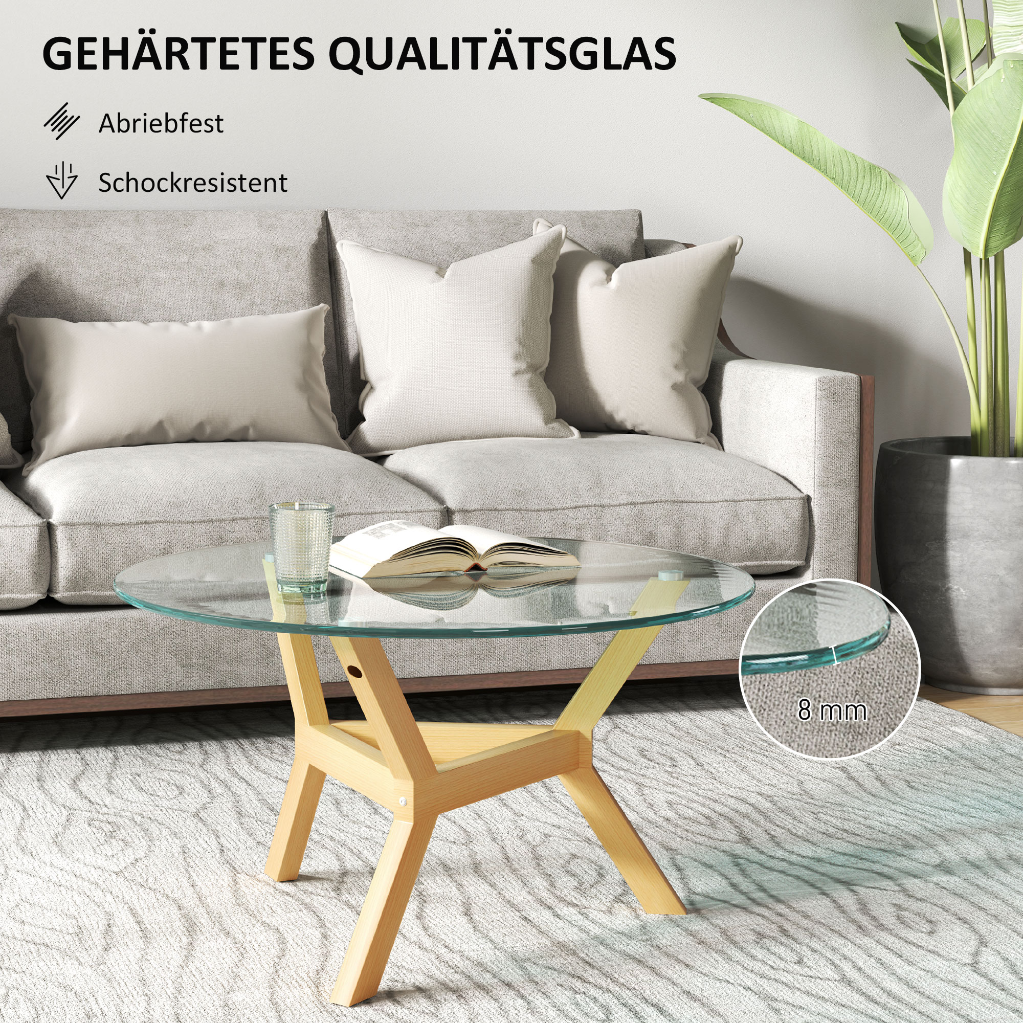 Runder Beistelltisch aus gehärtetem Glas mit verstellbaren Fußpolstern und Stahlrahmen, für Wohnzimmer, Schlafzimmer