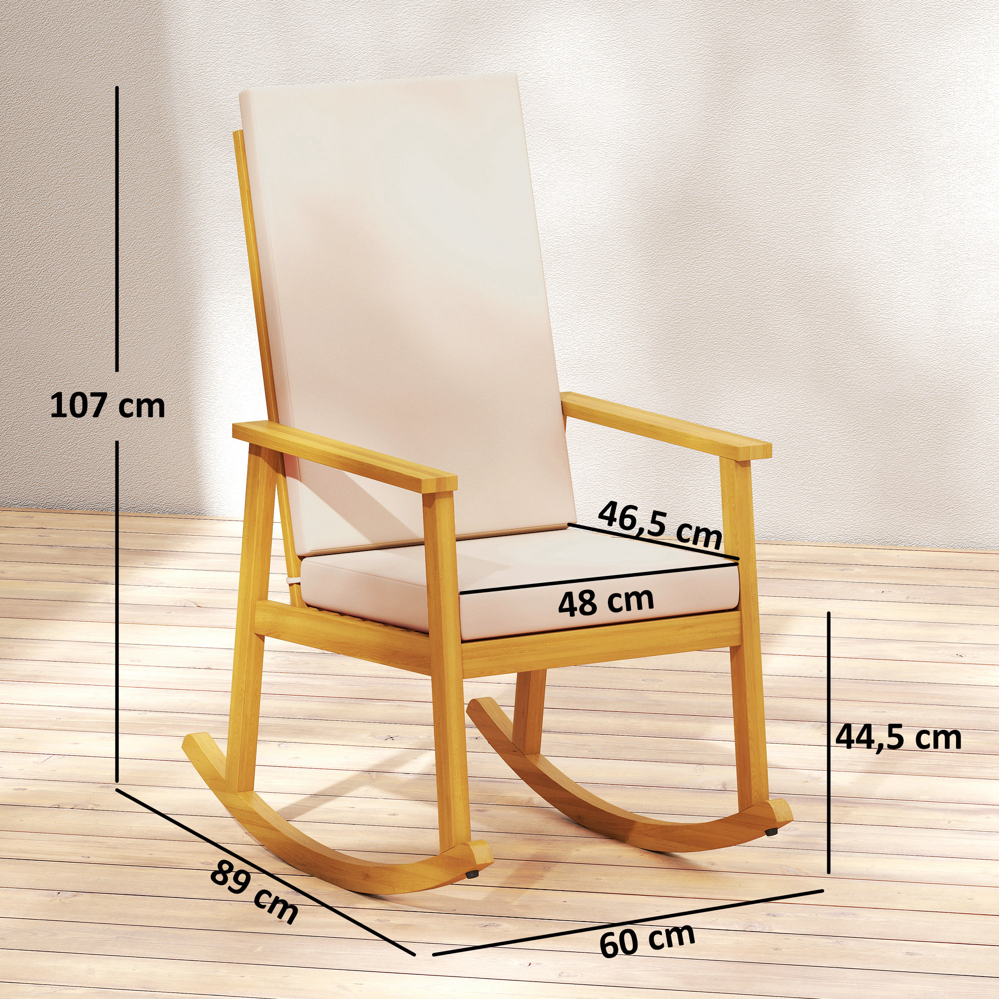Schaukelstuhl aus Akazienholz Schaukelsessel mit hoher Rückenlehne Kissen bis 160 kg 60 x 89 x 107 cm Beige