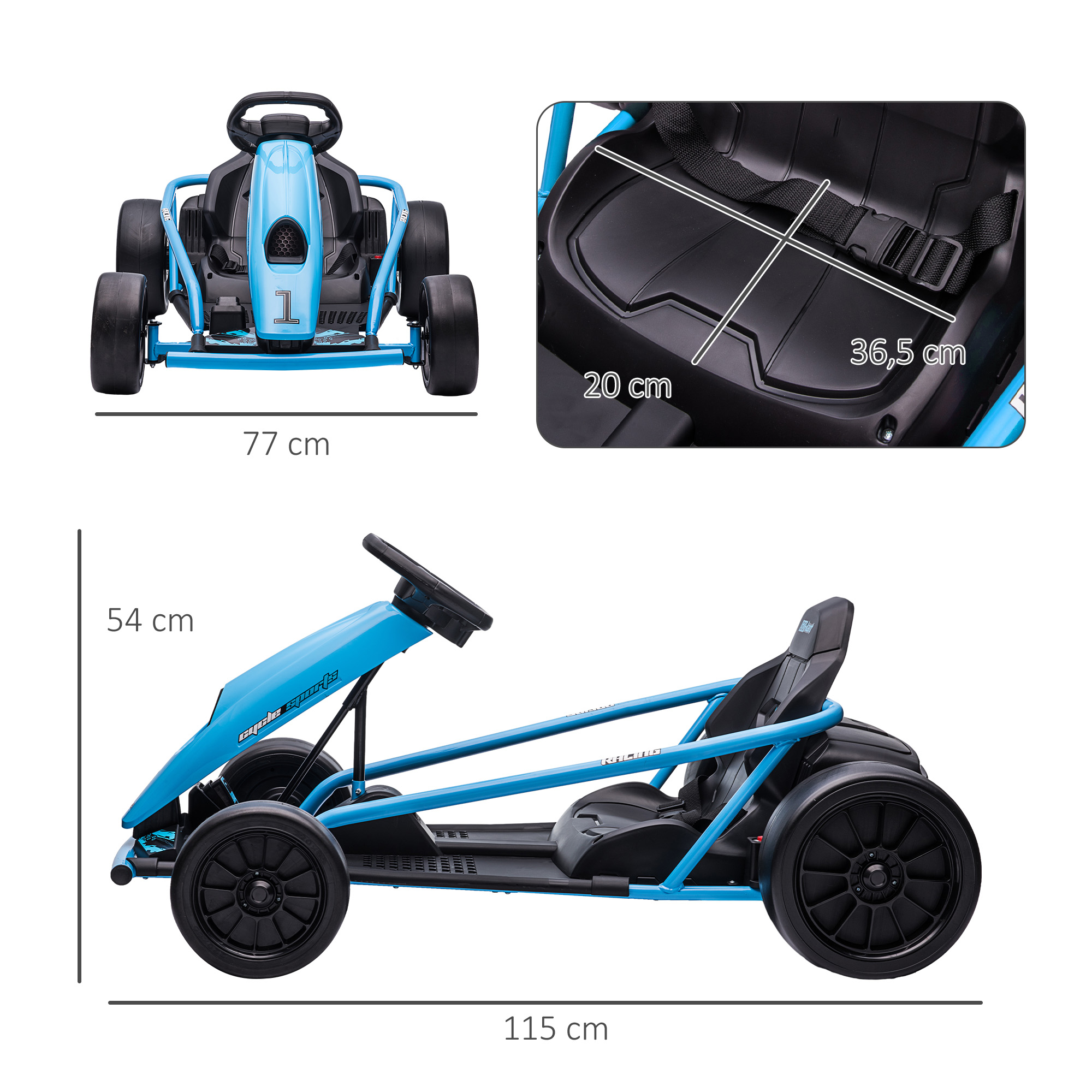 Elektro-Gokart für Kinder, Drift-Funktion, Hupe, Musik, Sicherheitsgurt, Soft-Start, Blau/Schwarz