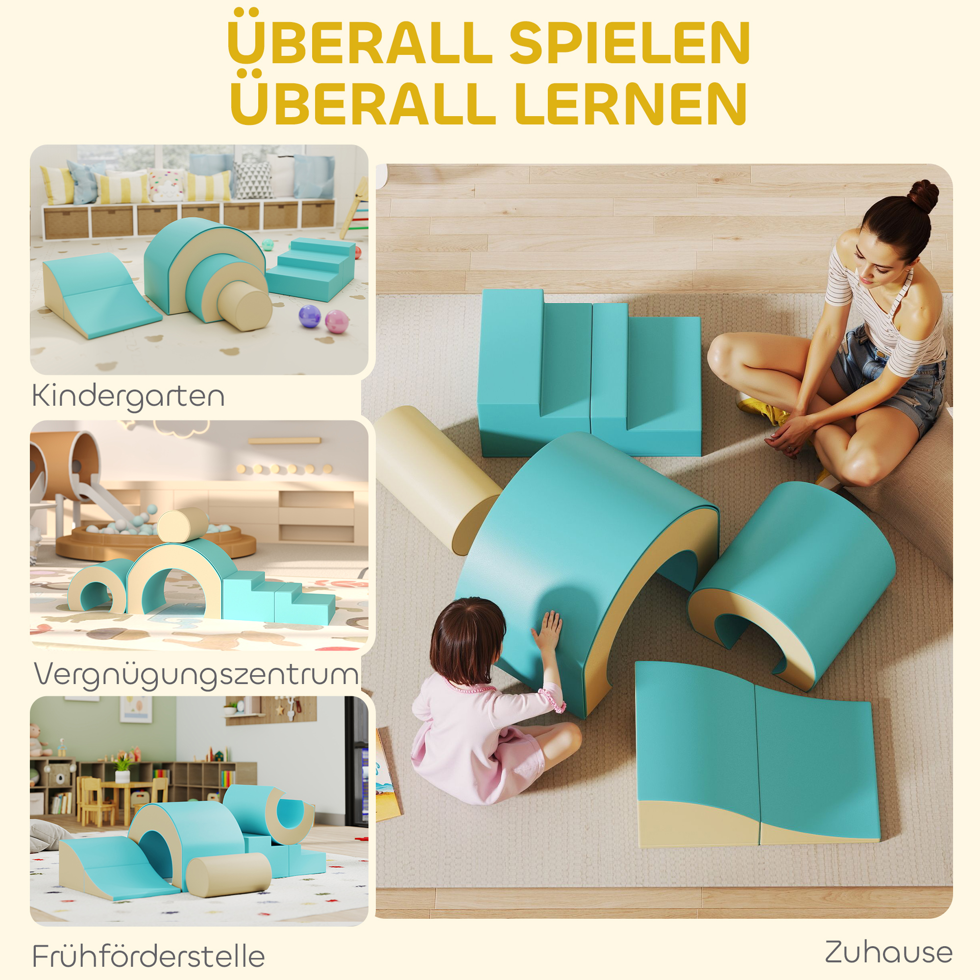5-teiliges Softbaustein-Set für Babys & Kleinkinder, Schaumstoff, Kunstleder, 5 kreative Formen, Indoor-Set zum Klettern, Krabbeln, Spielen, Grün