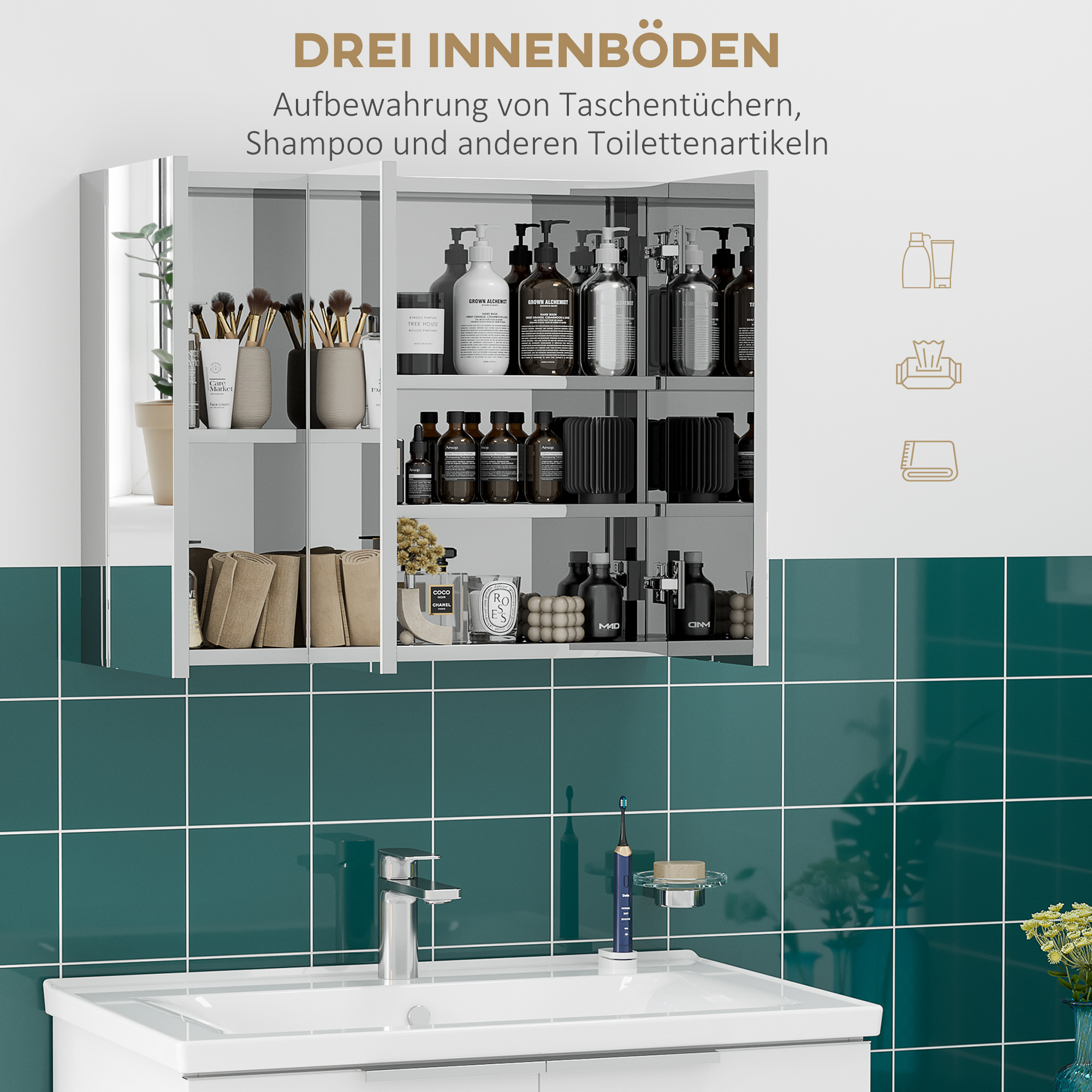 Spiegelschrank, Badschrank, 3 Spiegeltüren, 5 Innenböden, Edelstahl, Farbe: Silber, 70 x 12 x 55 cm