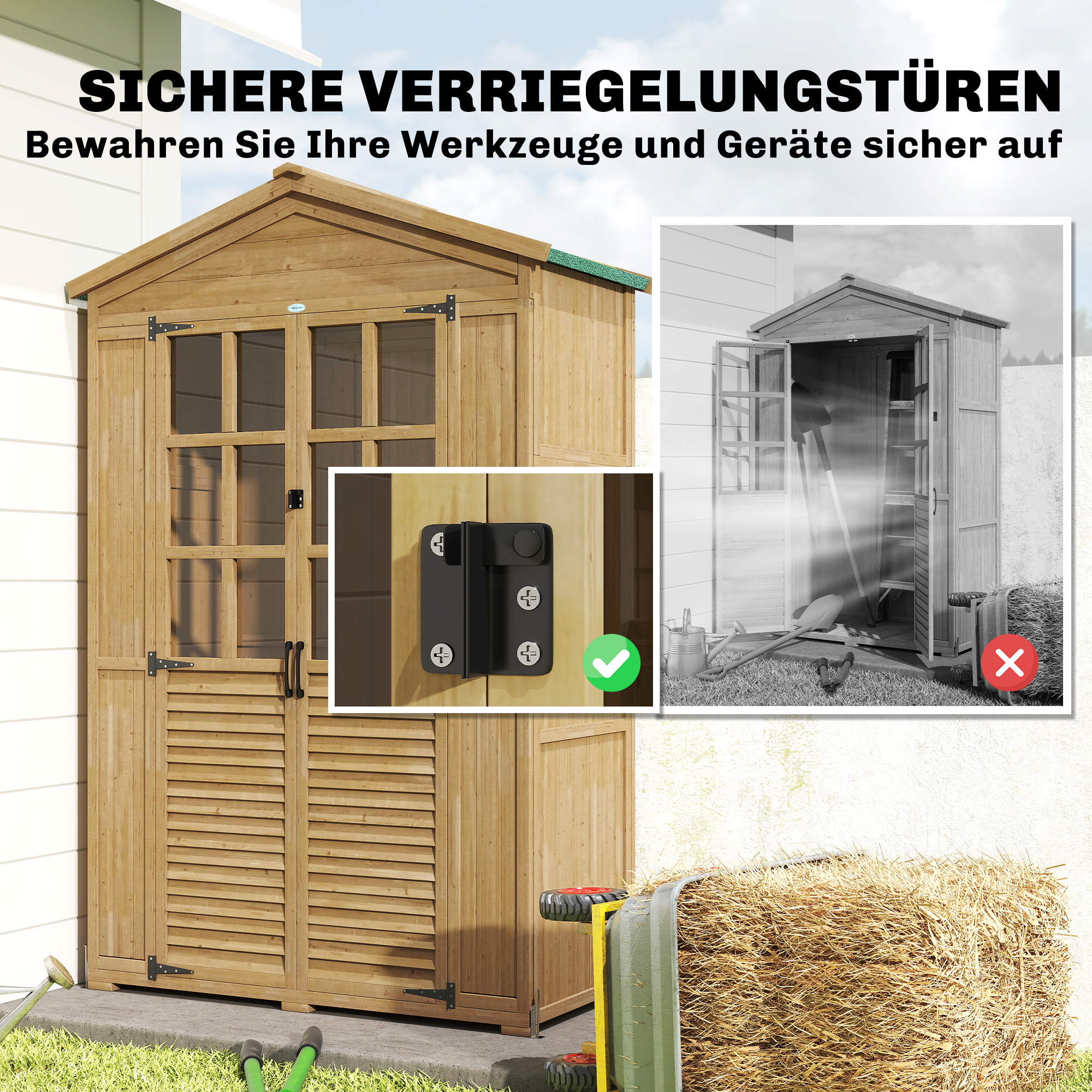 Gartenschrank Holz Geräteschuppen mit Ablage Acrylfenstern Abschließbar Tür Bodenplatte Asphalt-Dach Belüftungspaneel
