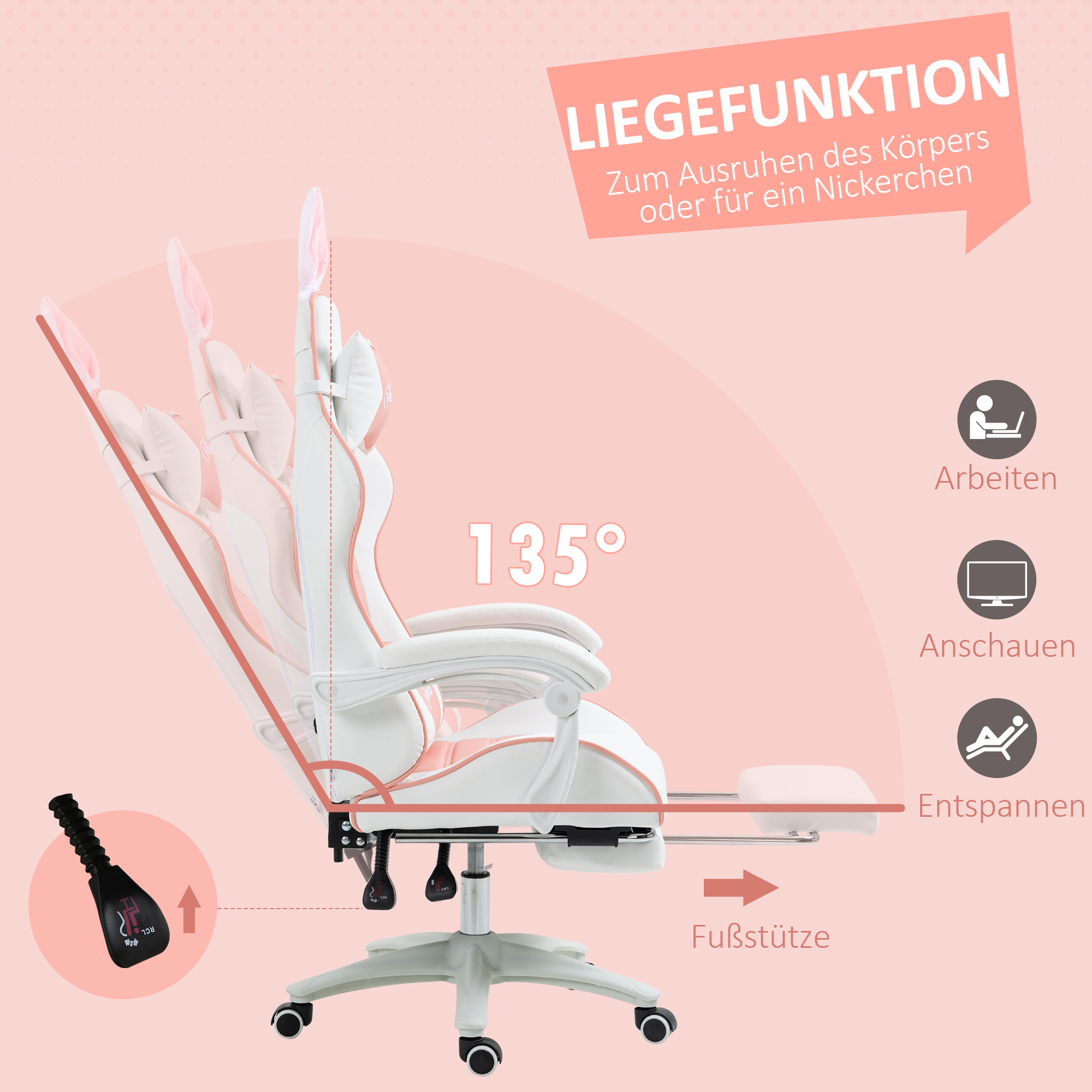 Gaming Stuhl Ergonomischer Gamer Stuhl mit Lendenwirbelstütze, Fußstütze Hasenohren Kopfkissen Rosa