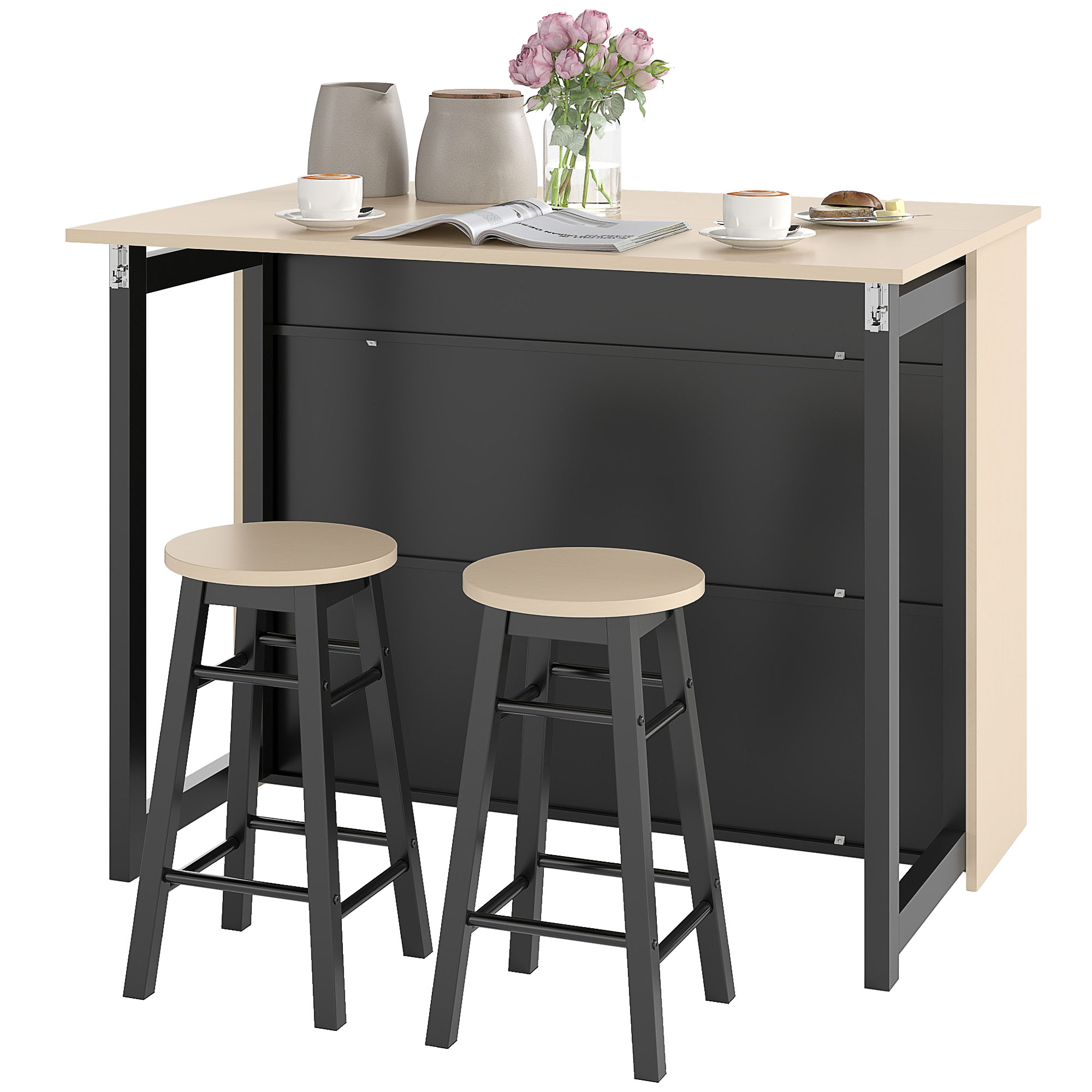 3-tlg. Barset, Bartisch mit klappbarer Tischplatte, 2 Barhocker, 6 Staufächer, schwarz+Eiche, 116 x 70 x 89,5 cm