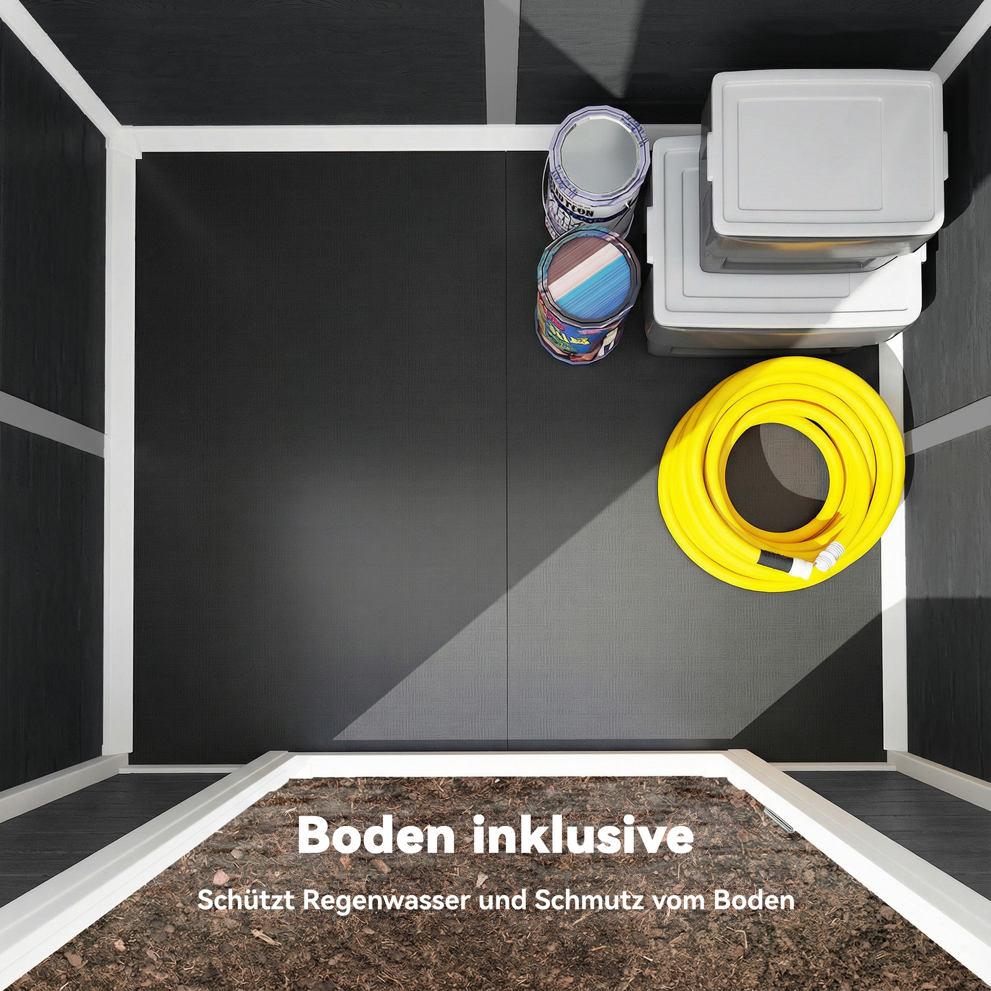 Gerätehaus 1,1 m² Geräteschuppen mit Holzoptik Fenster Satteldach Belüftung Boden Schloss Handschuhe Grau