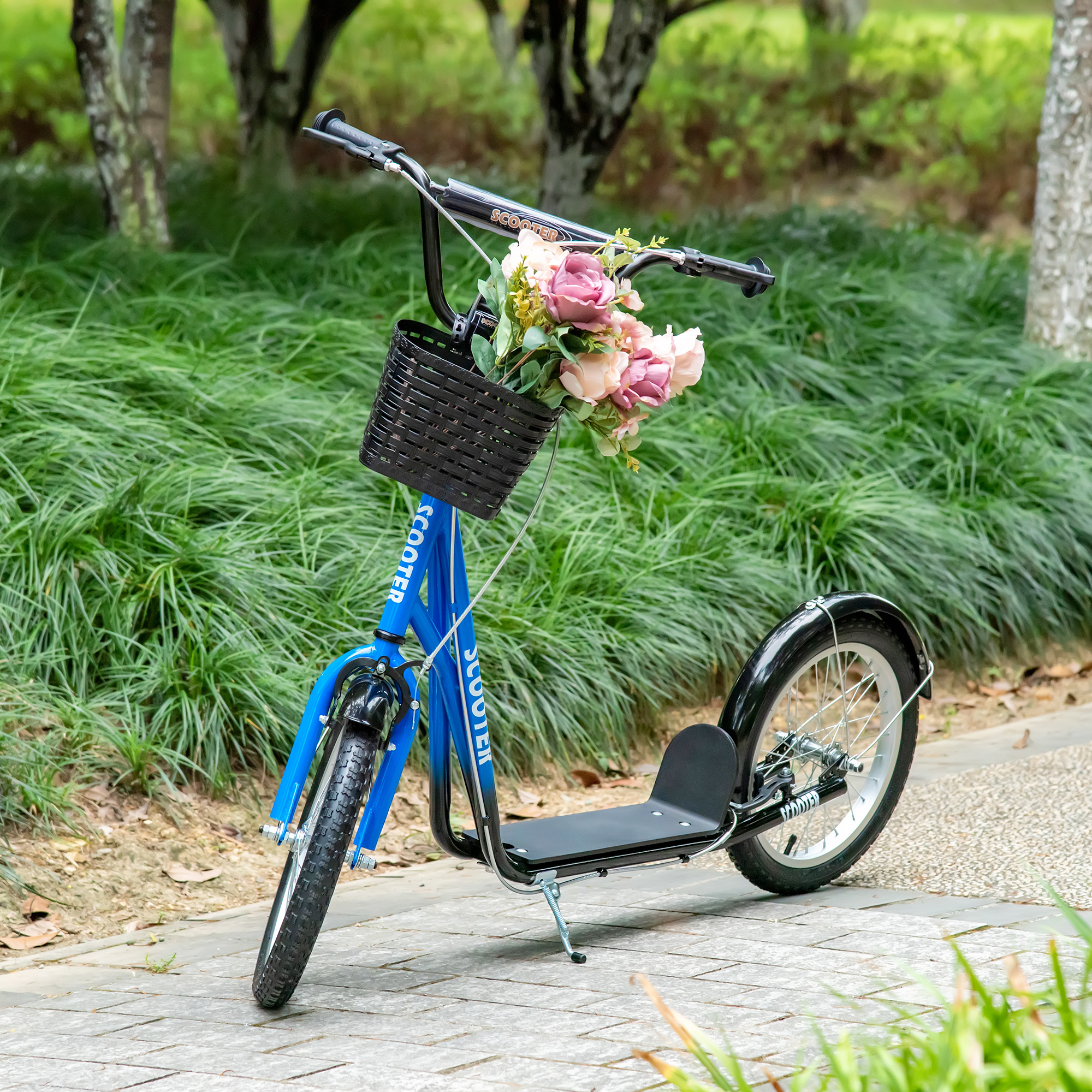 Kinderroller, Scooter mit Bremse, inkl, Korb, höhenverstellbar, für Kinder 5-12 J,, blau+schwarz
