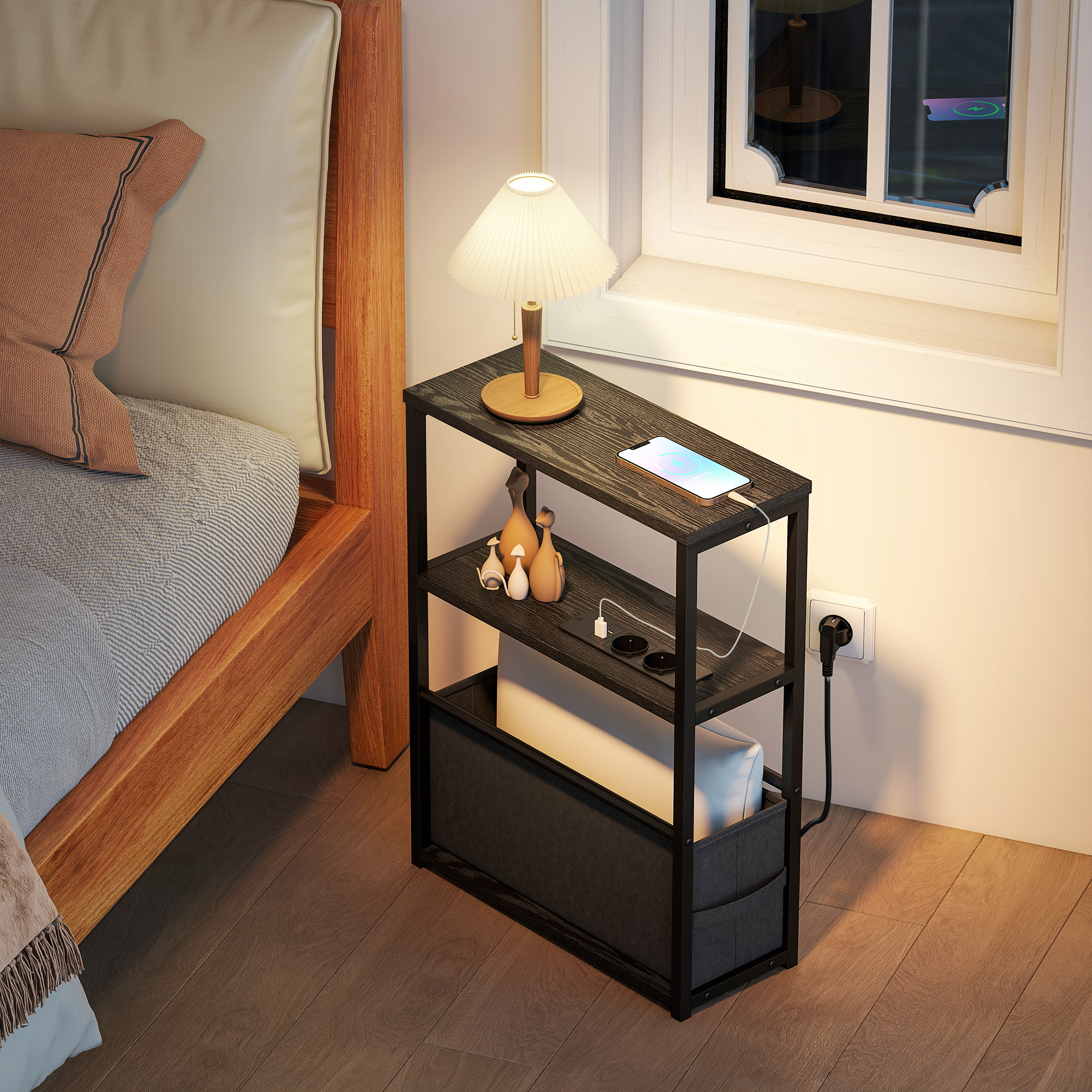 Beistelltisch Sofatisch mit Steckdosenleiste, Ablage, für Kleine Räume, 45x18x60,2cm, Schwarz