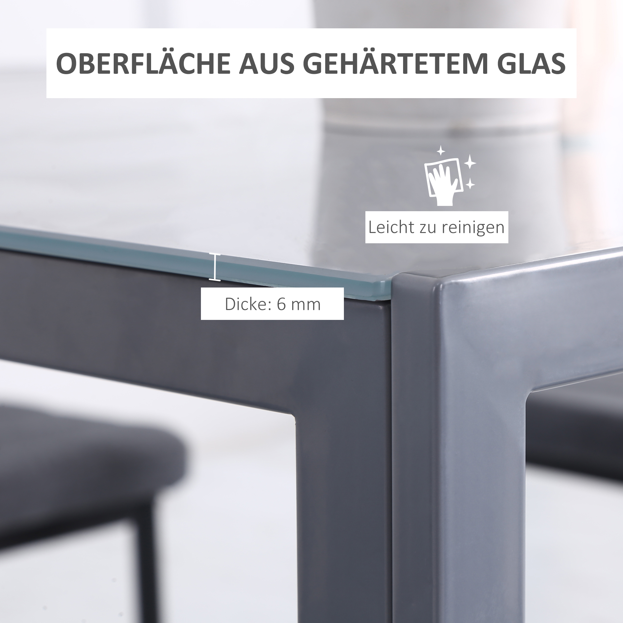 Esstisch Küchentisch Glastisch Quadratischer Tisch, Glasplatte, kompaktes Design, Grau