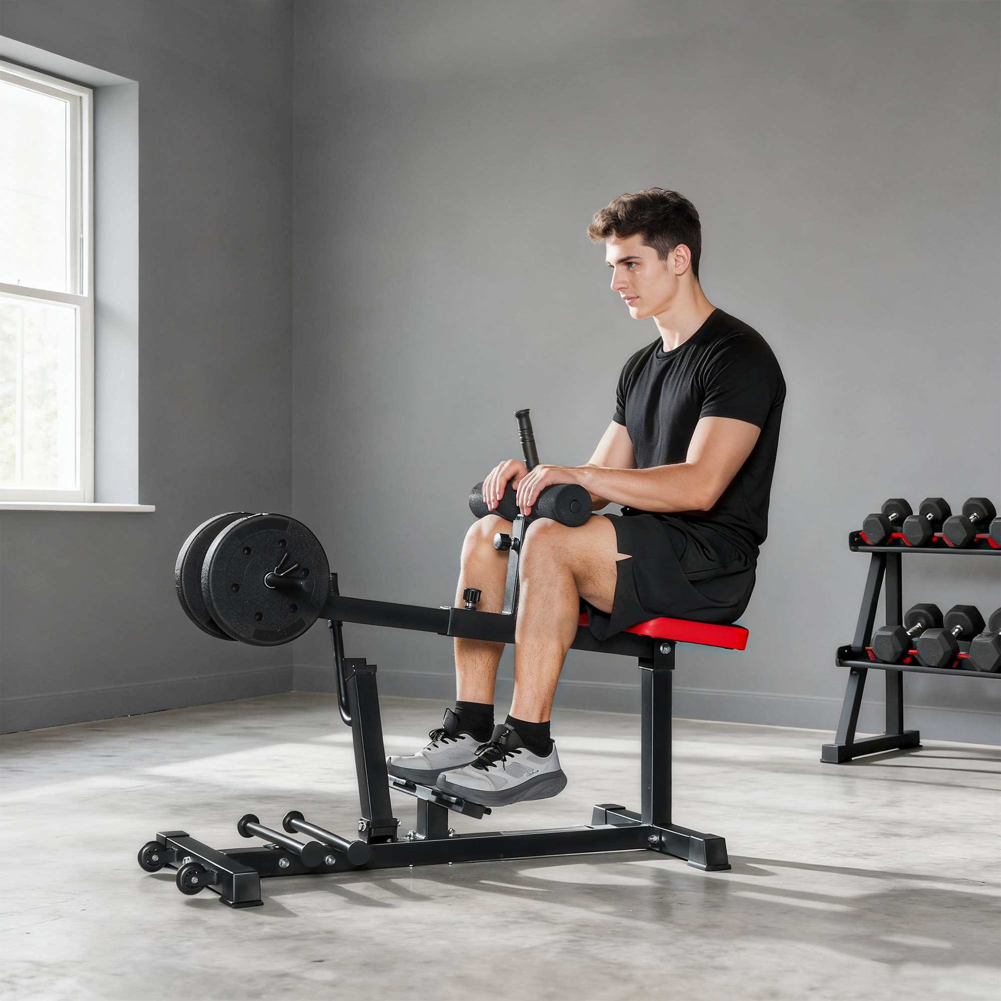 Beintrainings-Bank, Wadenhebemaschine, mit Rädern, Sportequipment für Fitness-Übungen zuhause, Stahl, Schwarz