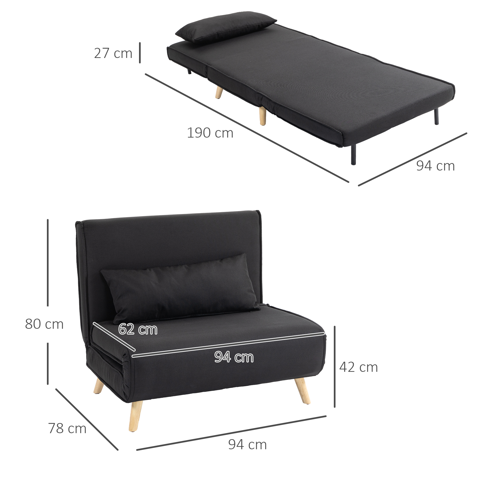 Relaxsessel mit Bettfunktion, für 1 Person, Modern-Design, bis 350 kg, 94x78x80cm, Schwarz