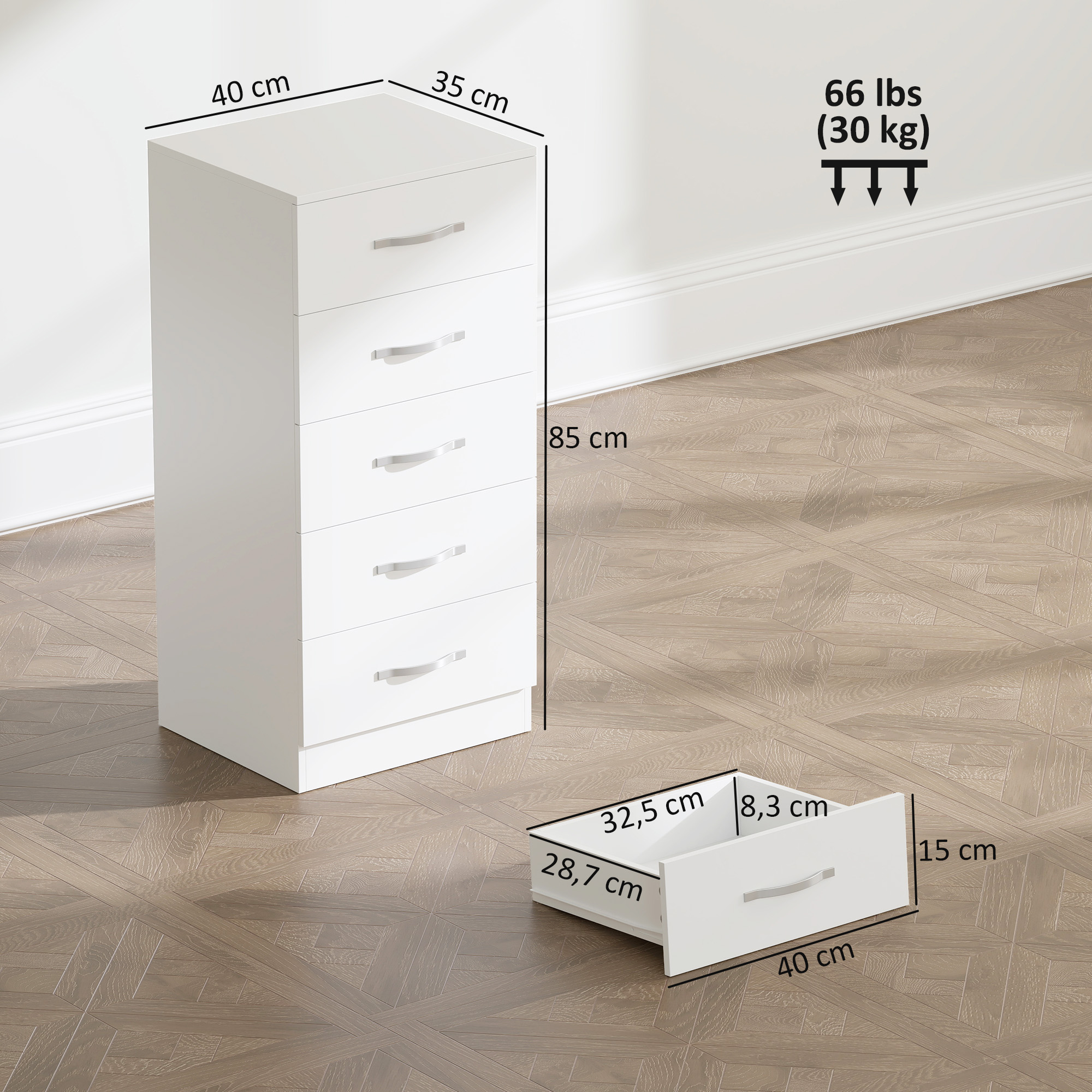Kommode mit 5 Schubladen, Schubladenschrank für Kleidung und Utensilien, Spanplatte, Weiß