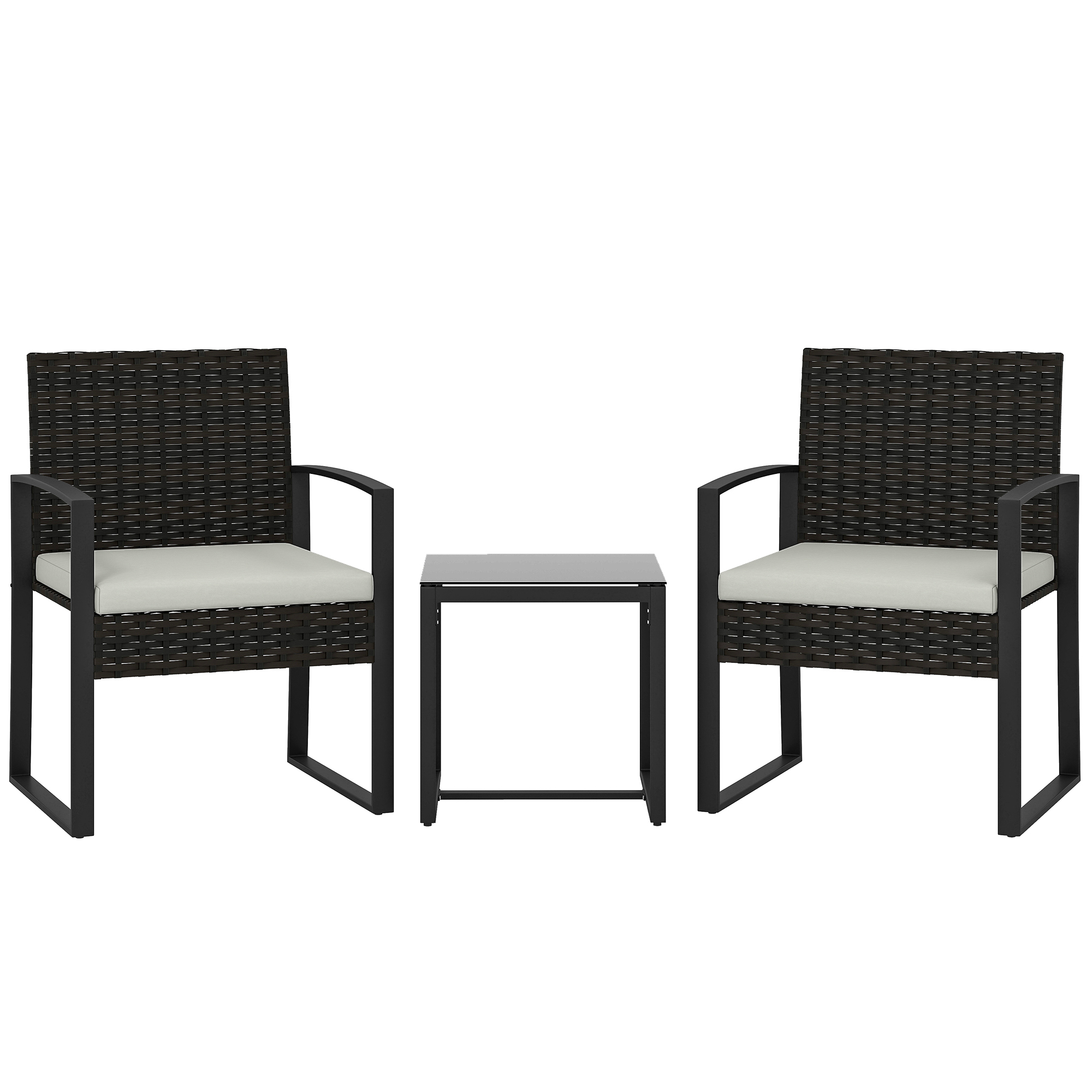 Rattan Bistroset, 3 teiliges Gartenmöbel-Set mit 2 Gartenstühlen, Couchtisch, abnehmbar Kissen Cremeweiß