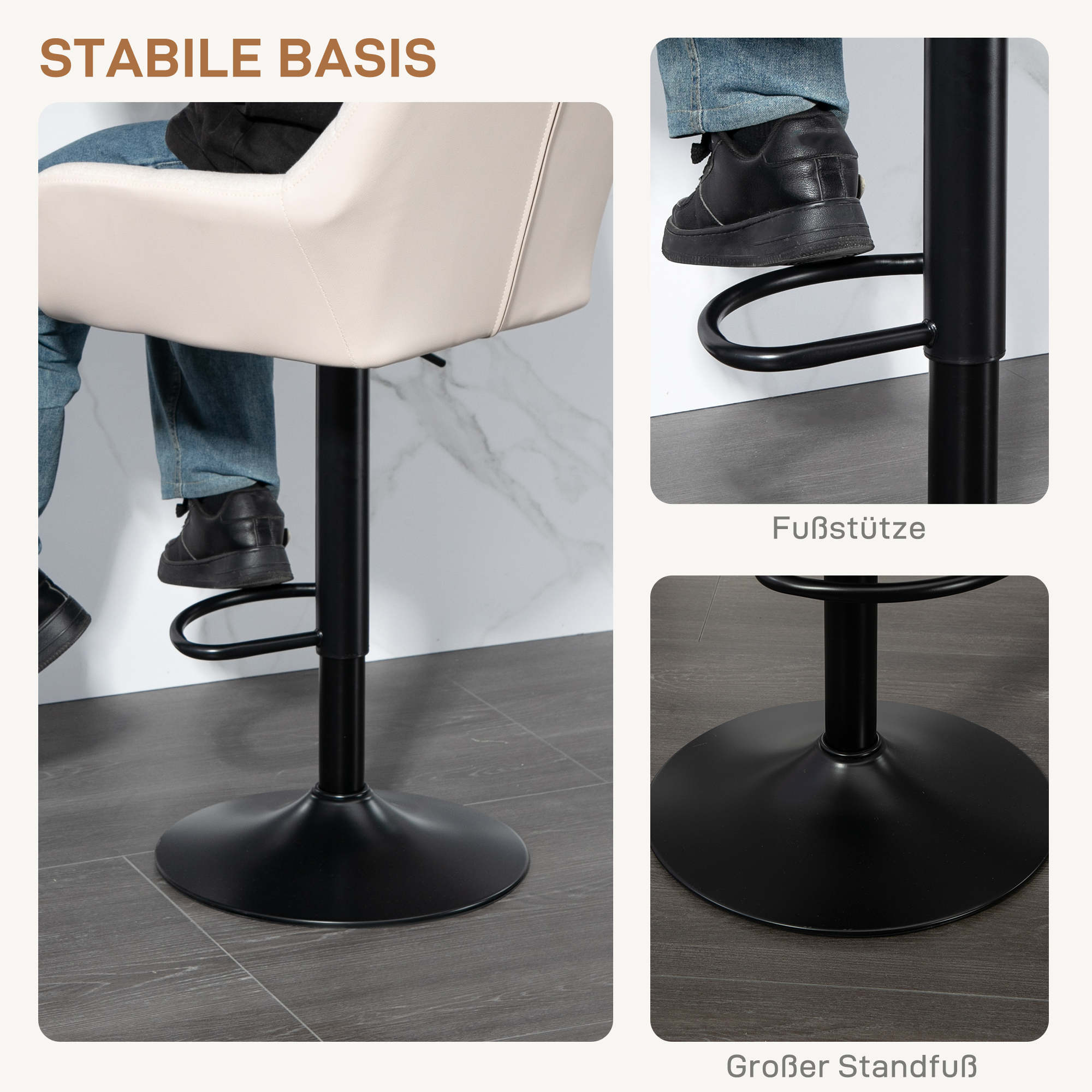 Barhocker 2er-Set Retro-Design höhenverstellbar Kunstleder Leinenoptik Creme + Schwarz