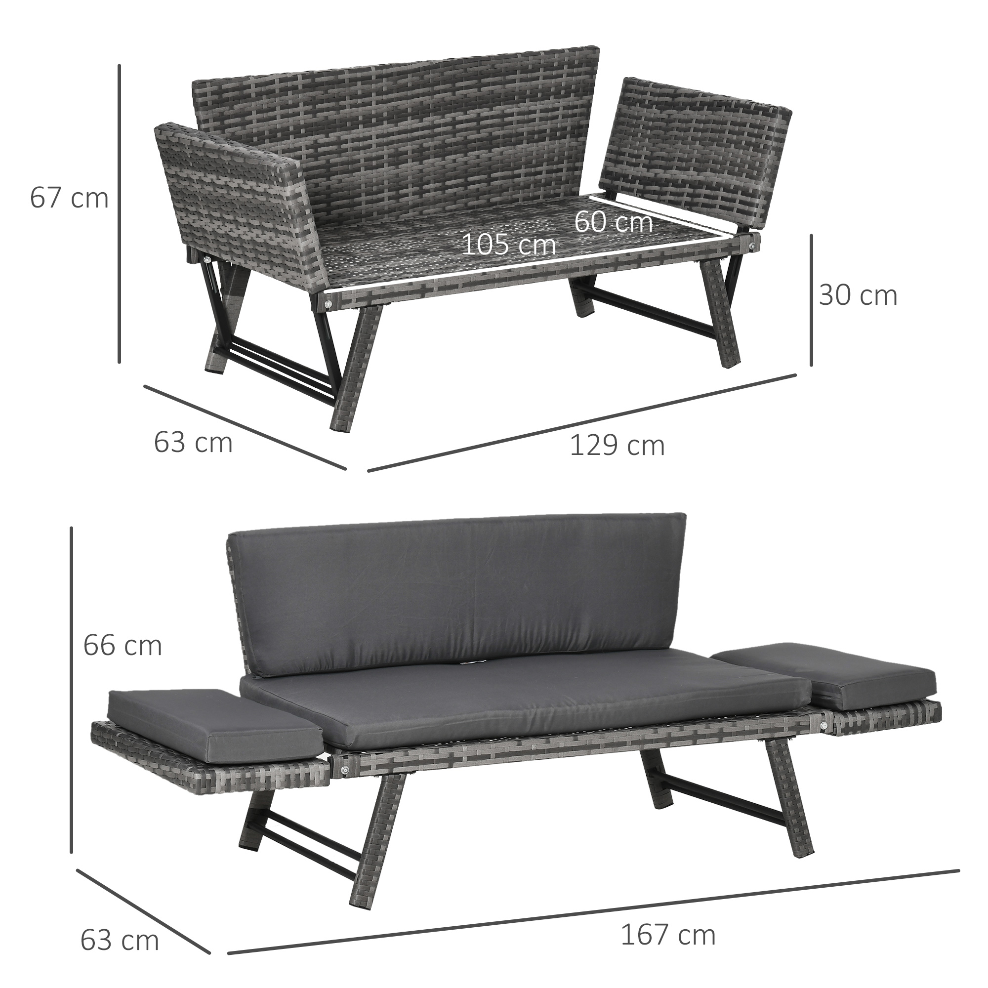 Polyrattan Gartensofa 2 Sitzer Gartenmöbel Loungesofa Gartenbank Gartenliege klappbar Armlehnen Stahl Grau 129 x 63 x 67 cm