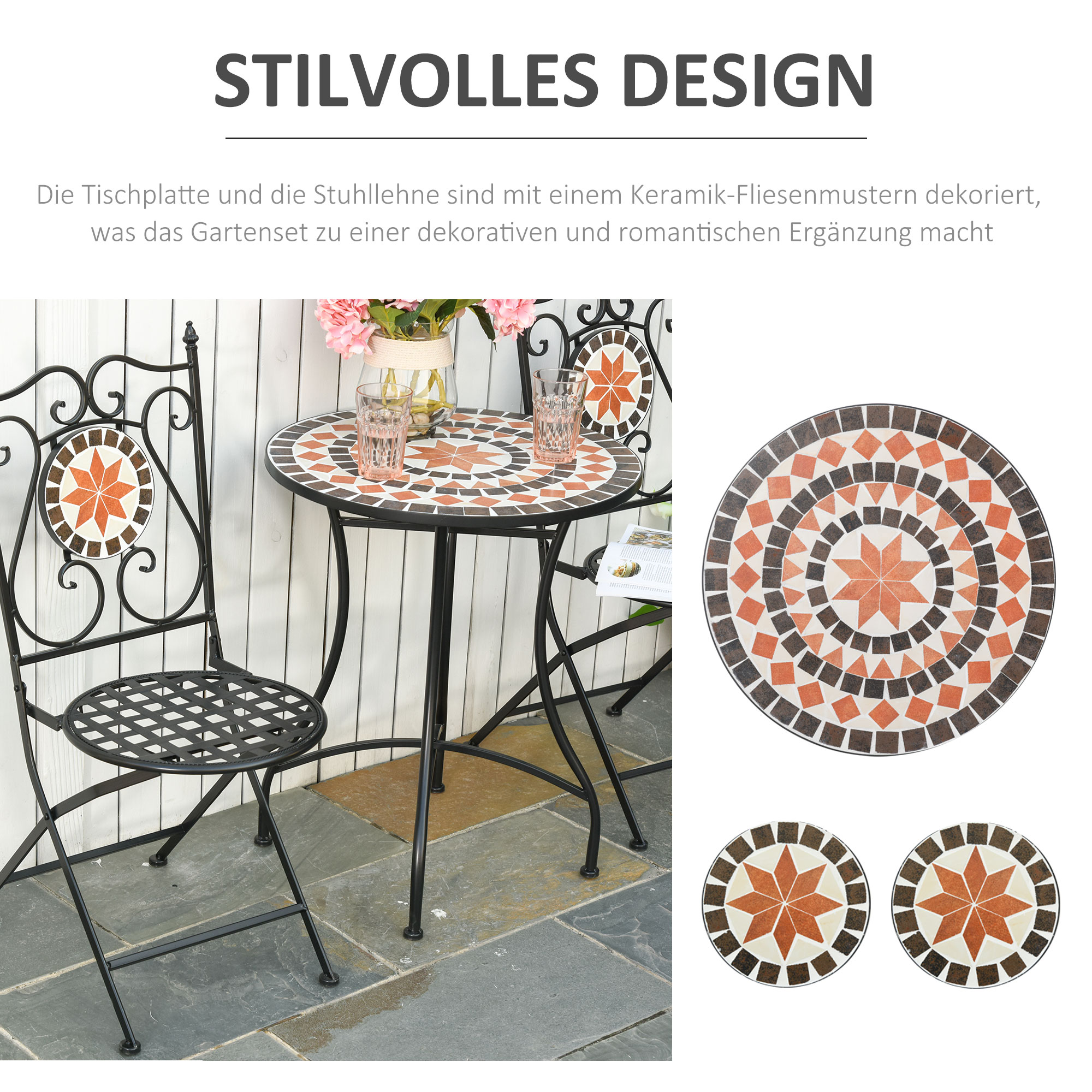 Gartenset Balkonmöbel Set für 2 Personen Mosaiktisch 2 faltbare Stühle Metall Mehrfarbig