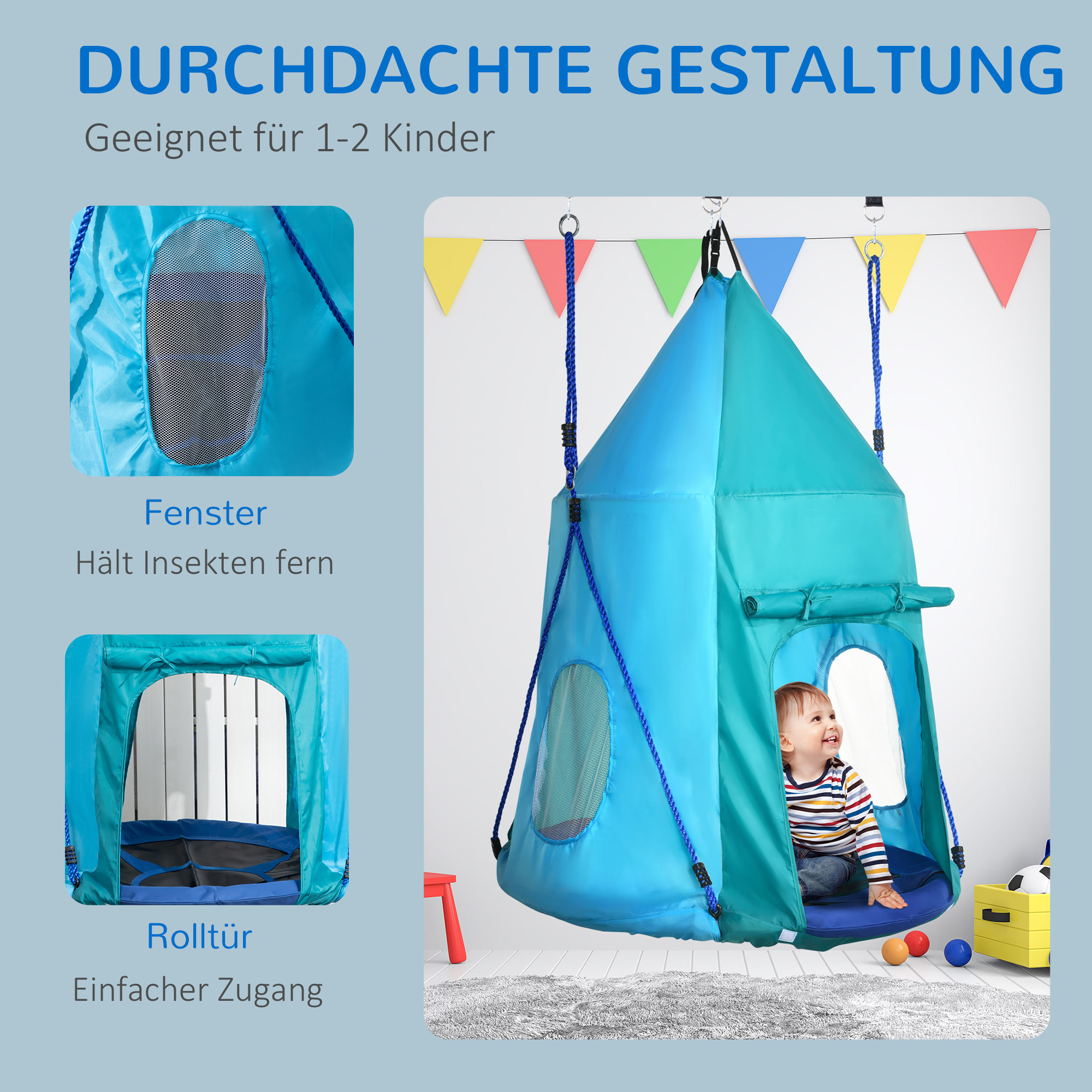 Nestschaukel mit Zelt, Ø100 cm, längenverstellbare Seile, wasserdicht, bis 150 kg belastbar, blaugrün