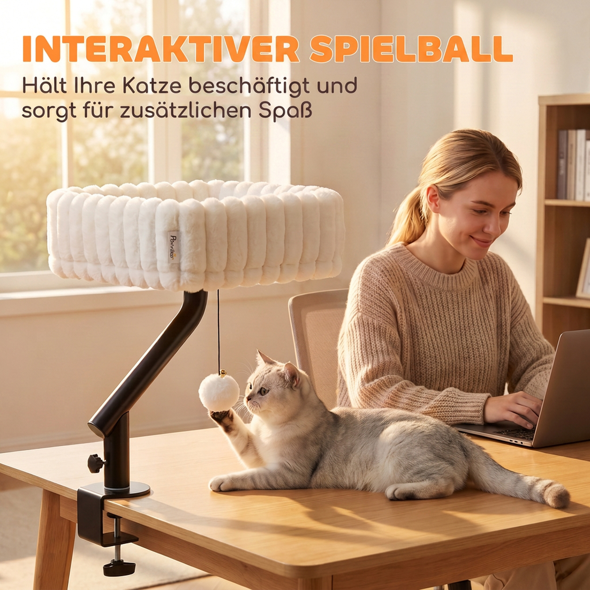 Katzen-Schreibtischbett, Katzenbett für Schreibtisch mit 360°Drehung, Hängeball verstellbare Klemme für Katze unter 6 kg