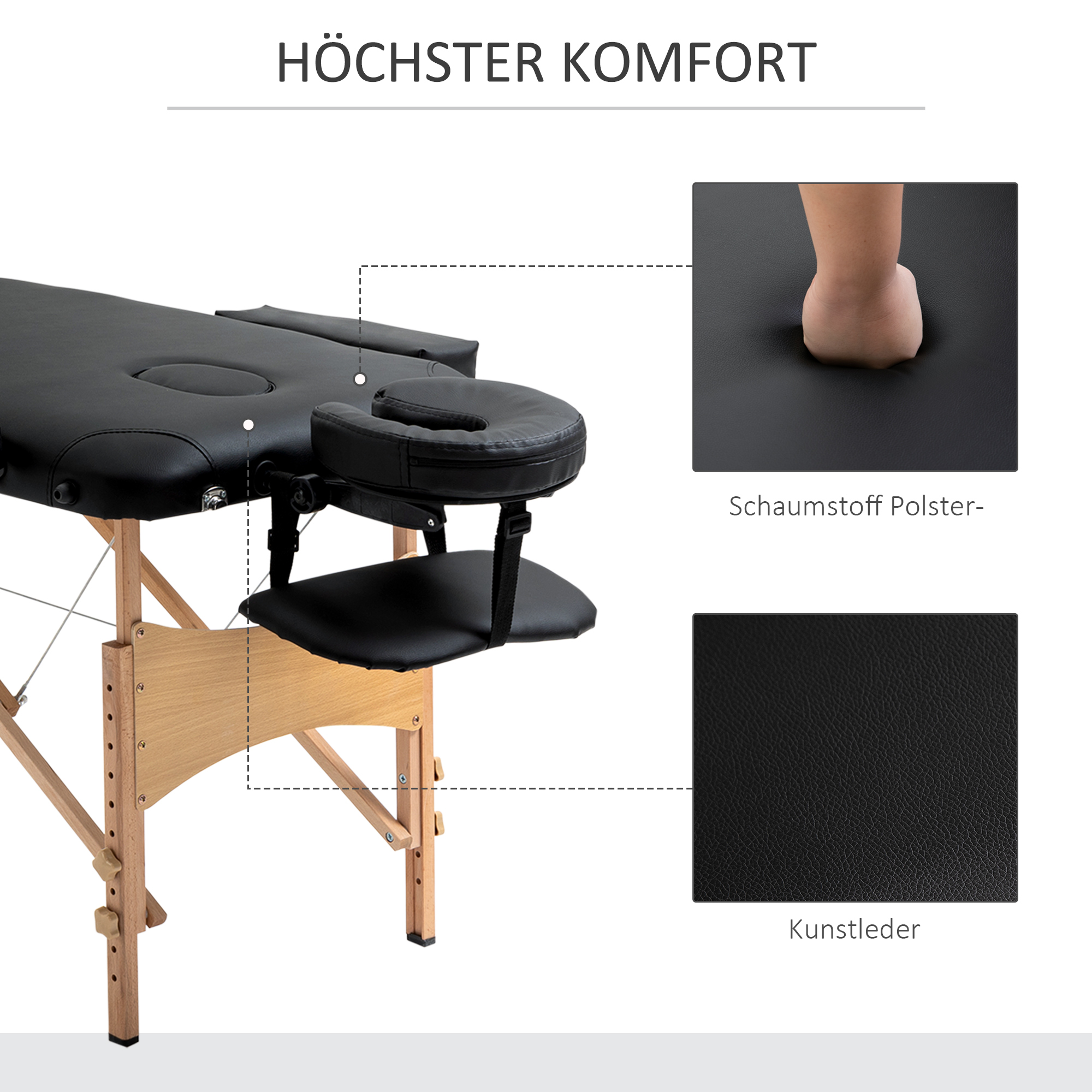 Massagetisch, klappbare Massageliege, höhenverstellbare Massagebank für Spa, Salon, Kunstleder, Holz, Schwarz